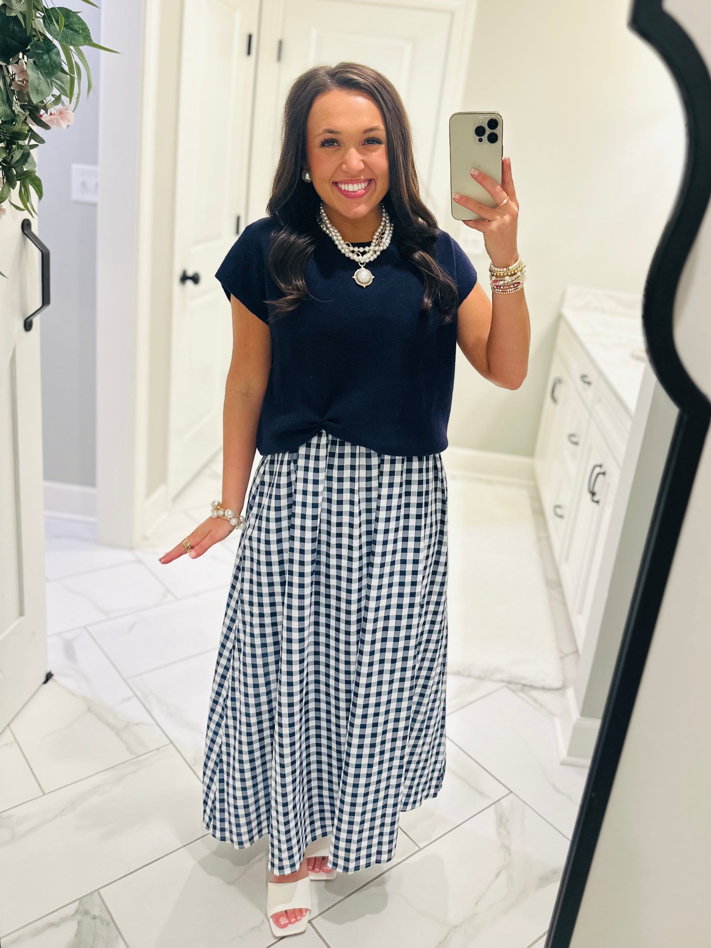 The Chloe Navy Layered Gingham Midi Dress
