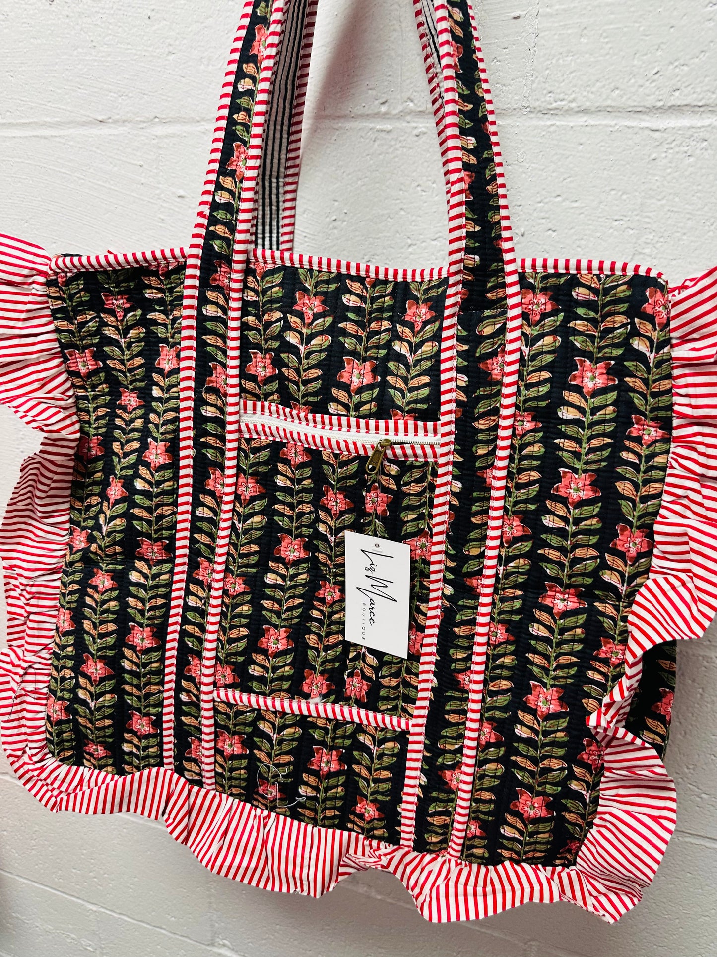 The Black Floral Ruffle Quilted Tote Bag