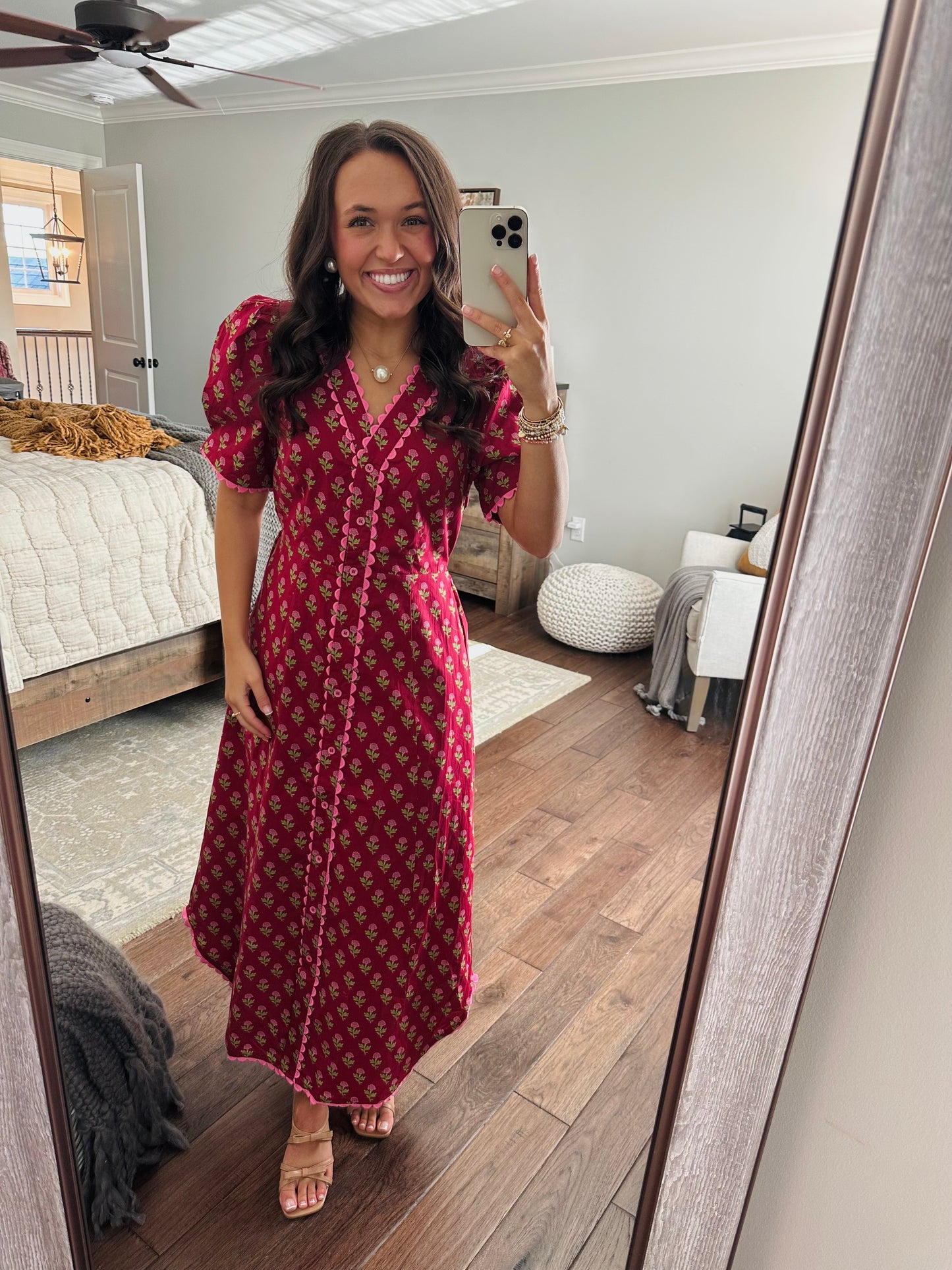 The Charlotte Burgundy Floral Scallop Trim Midi Dress