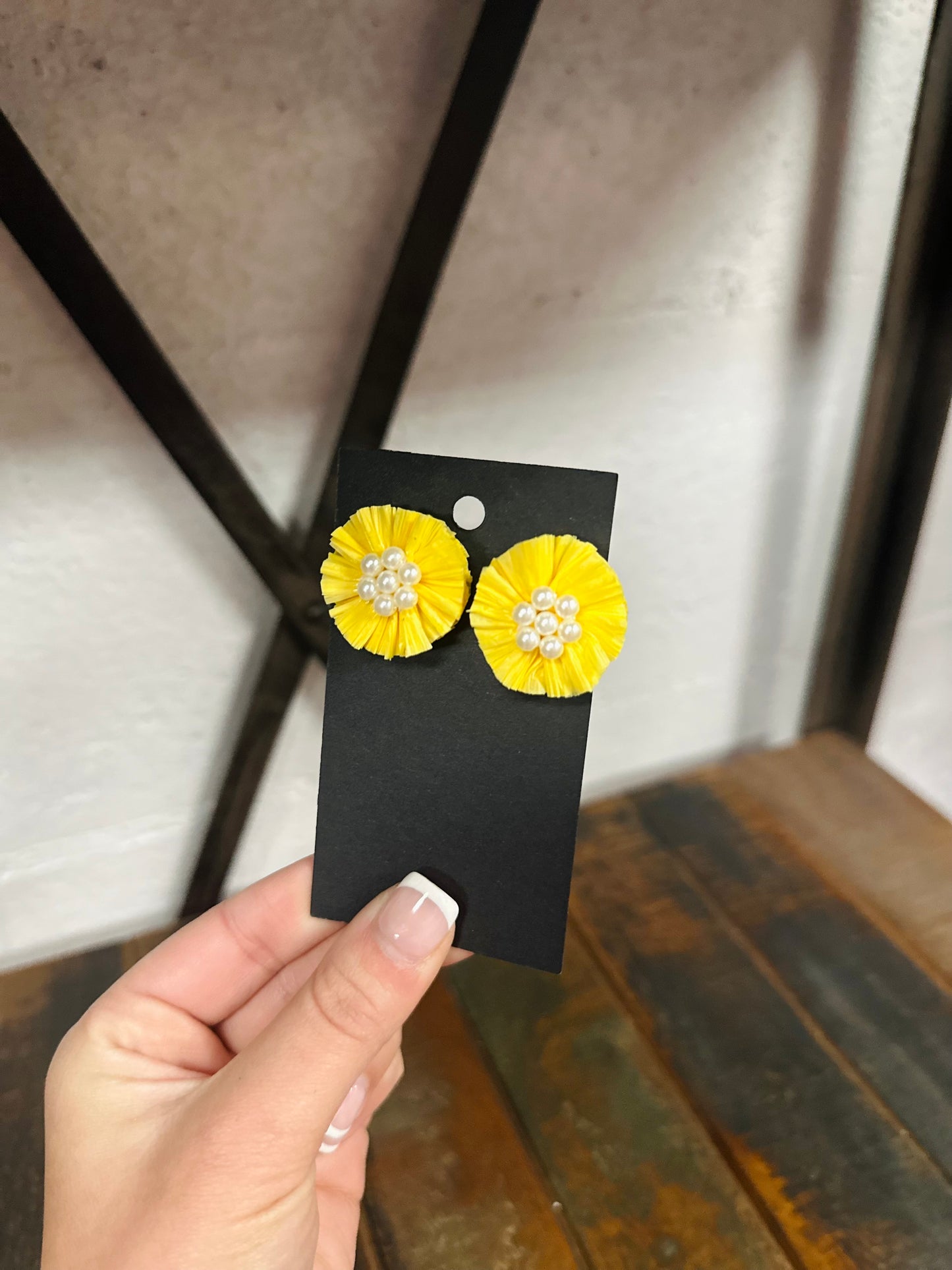 Pearl & Raffia Stud Earrings - Yellow