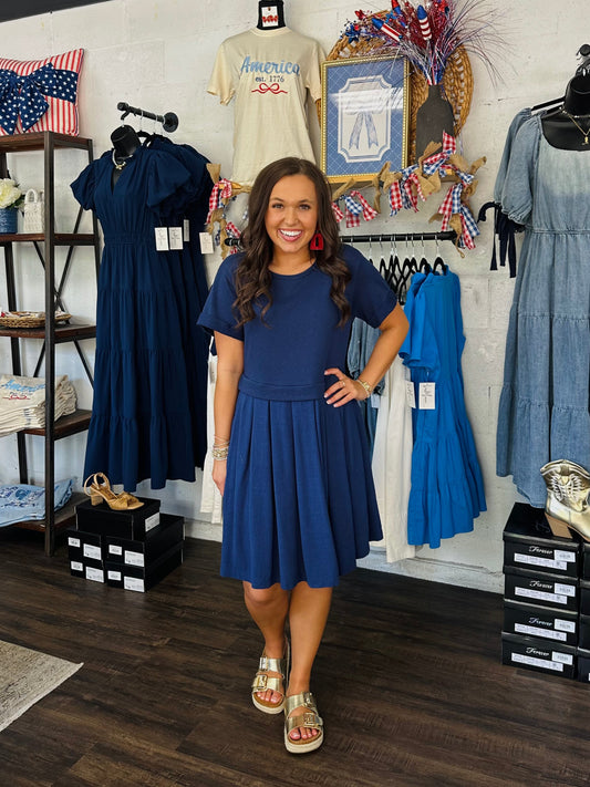 The Maree Navy Pleated Dress