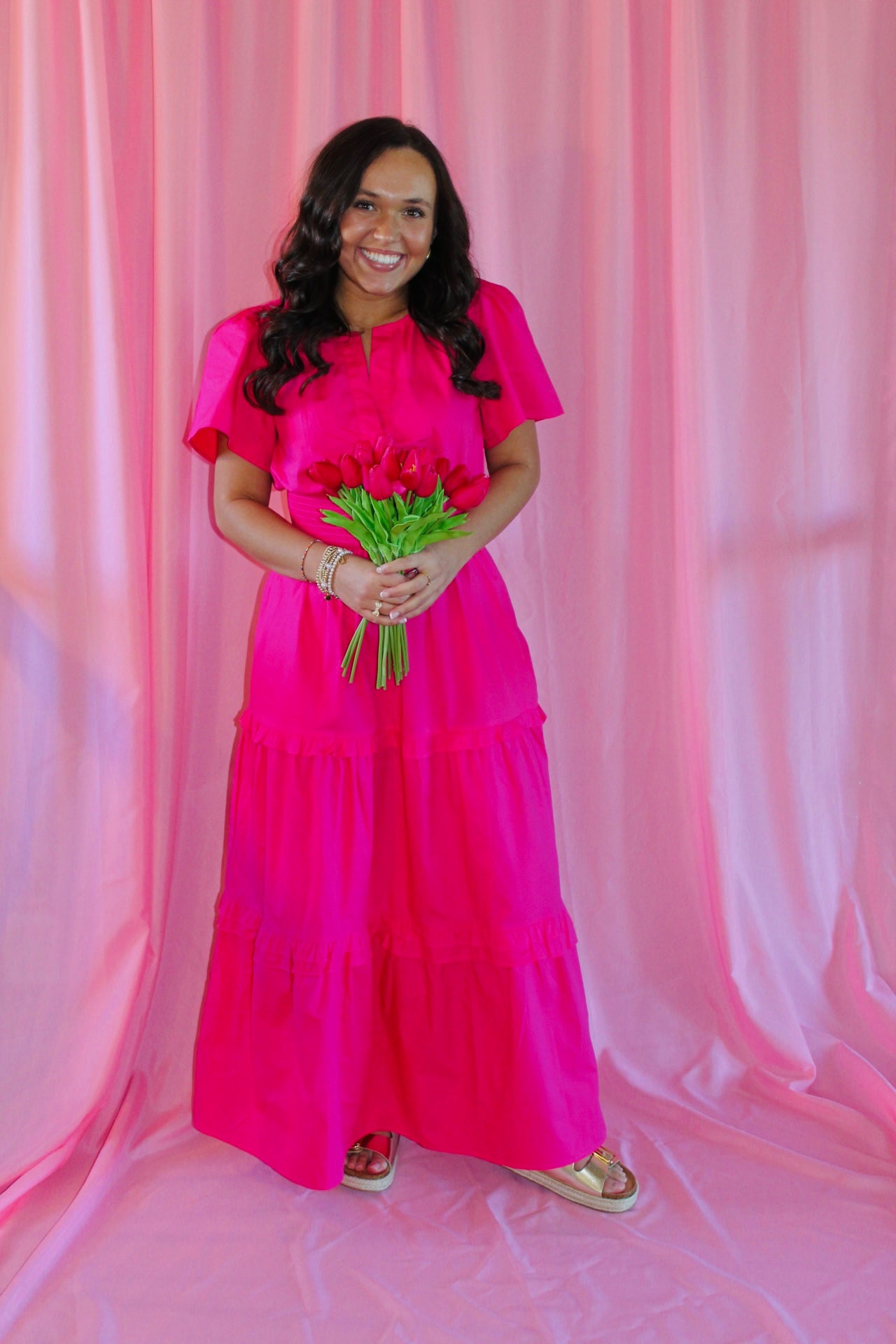 The Rose Hot Pink Palmer Poplin Tiered Maxi Dress