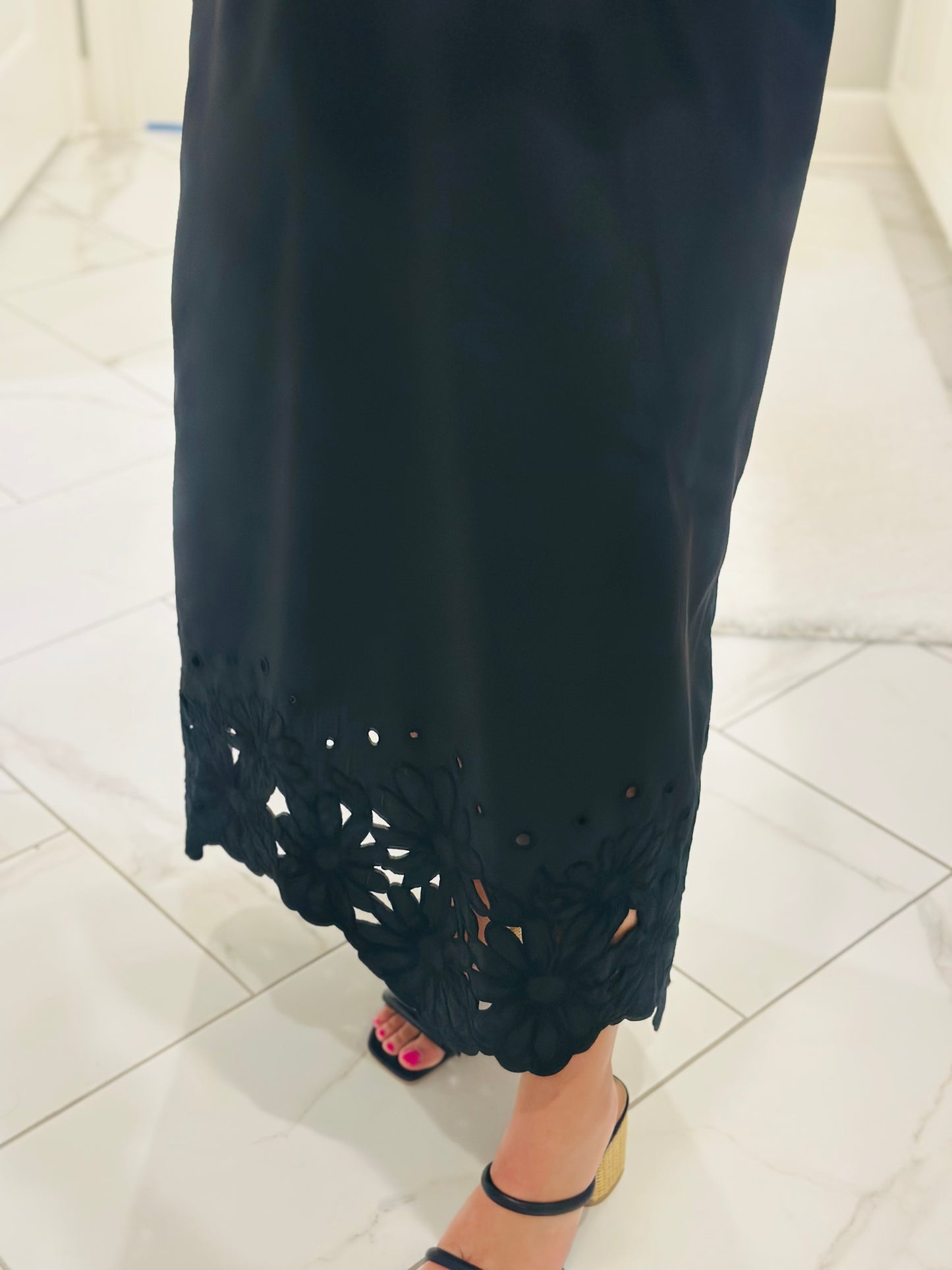 The Blakeley Black Embroidered Scallop Midi Dress