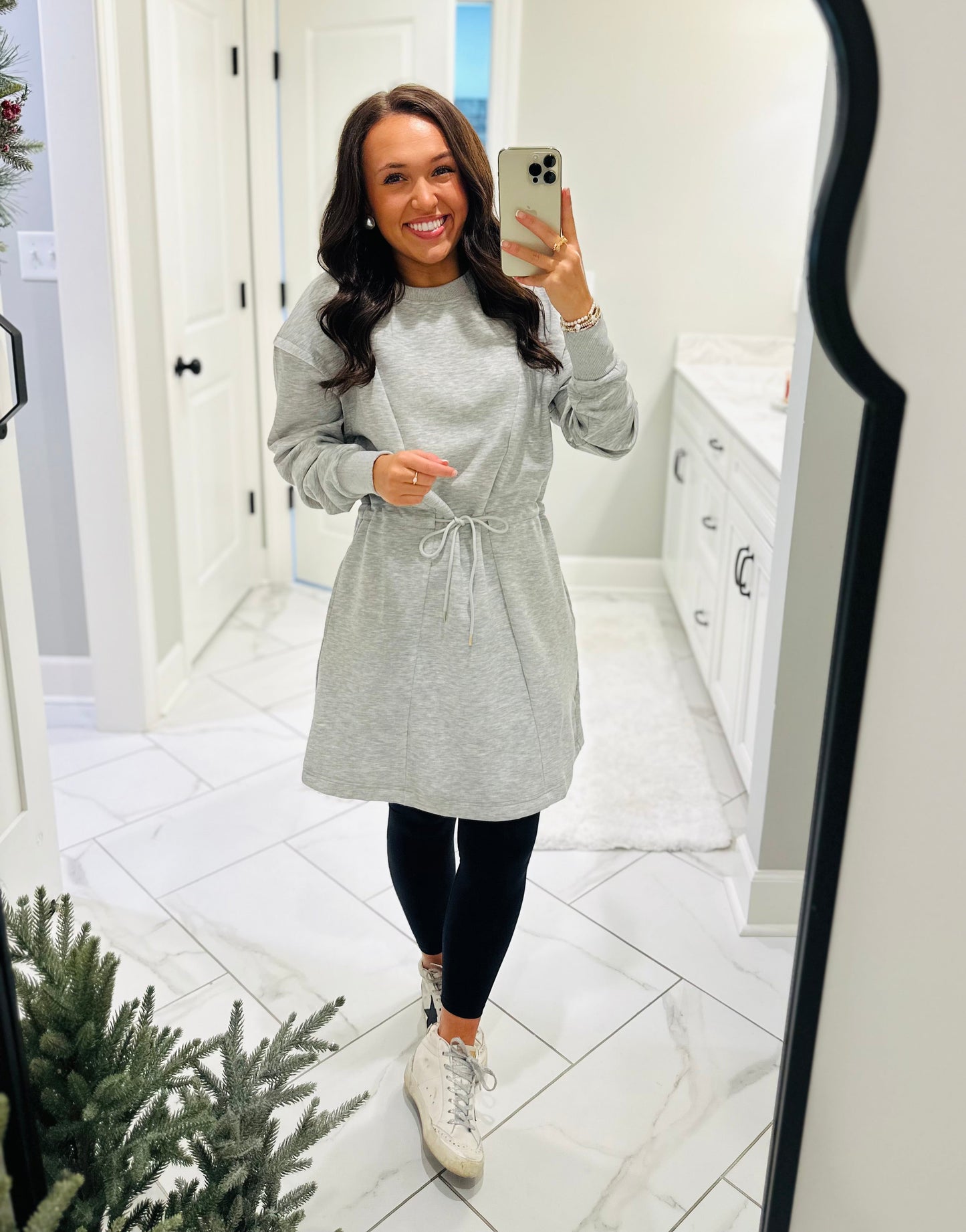 The Heather Grey Jersey Knit Longsleeve Drawstring Dress