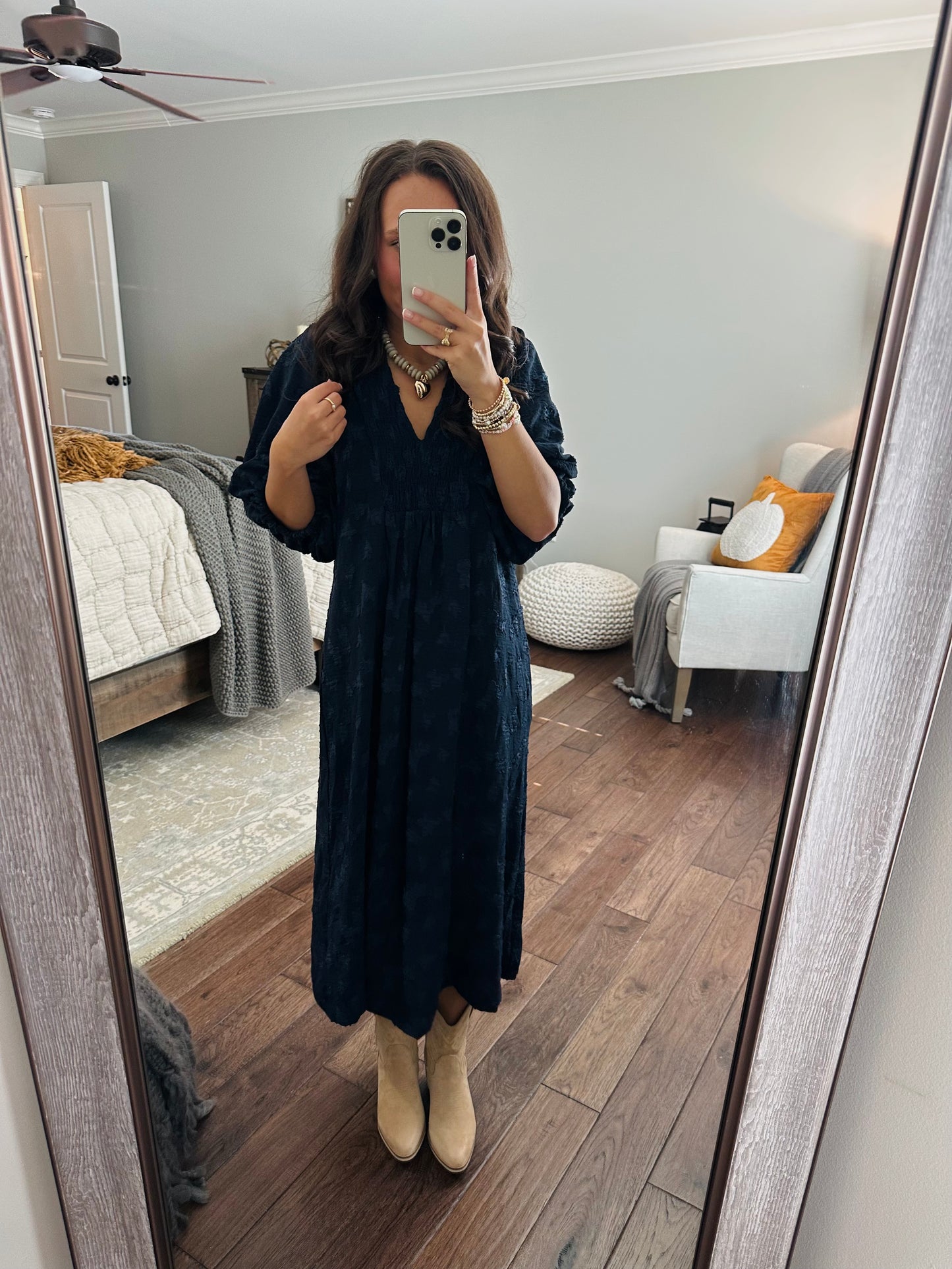 The Mina Navy Textured Midi Dress