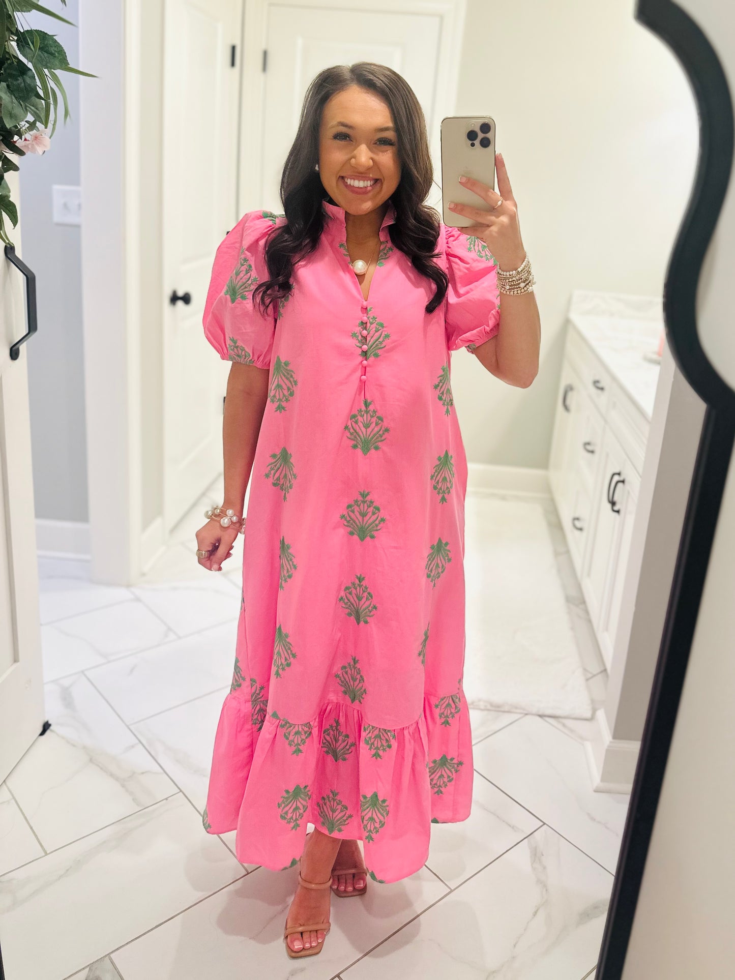 The Nola Pink + Green Botanical Embroidered Midi Dress