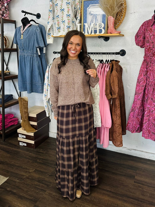 The Ember Brown Plaid Tiered Maxi Skirt