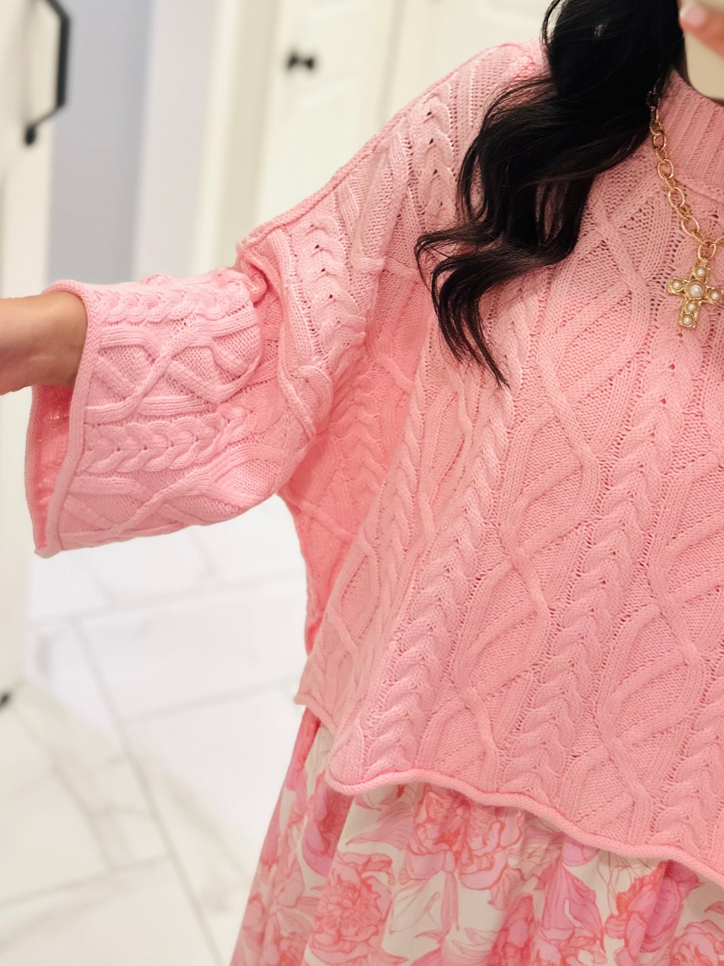 The Eliza Pink Chunky Ribbed Knit Cable Sweater