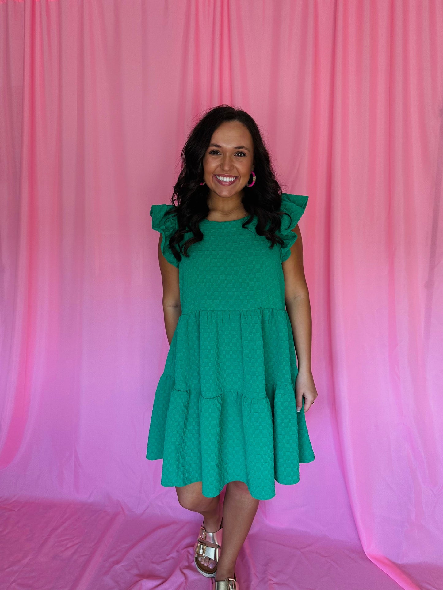 The Kodi Kelly Green Textured Tiered Swing Dress