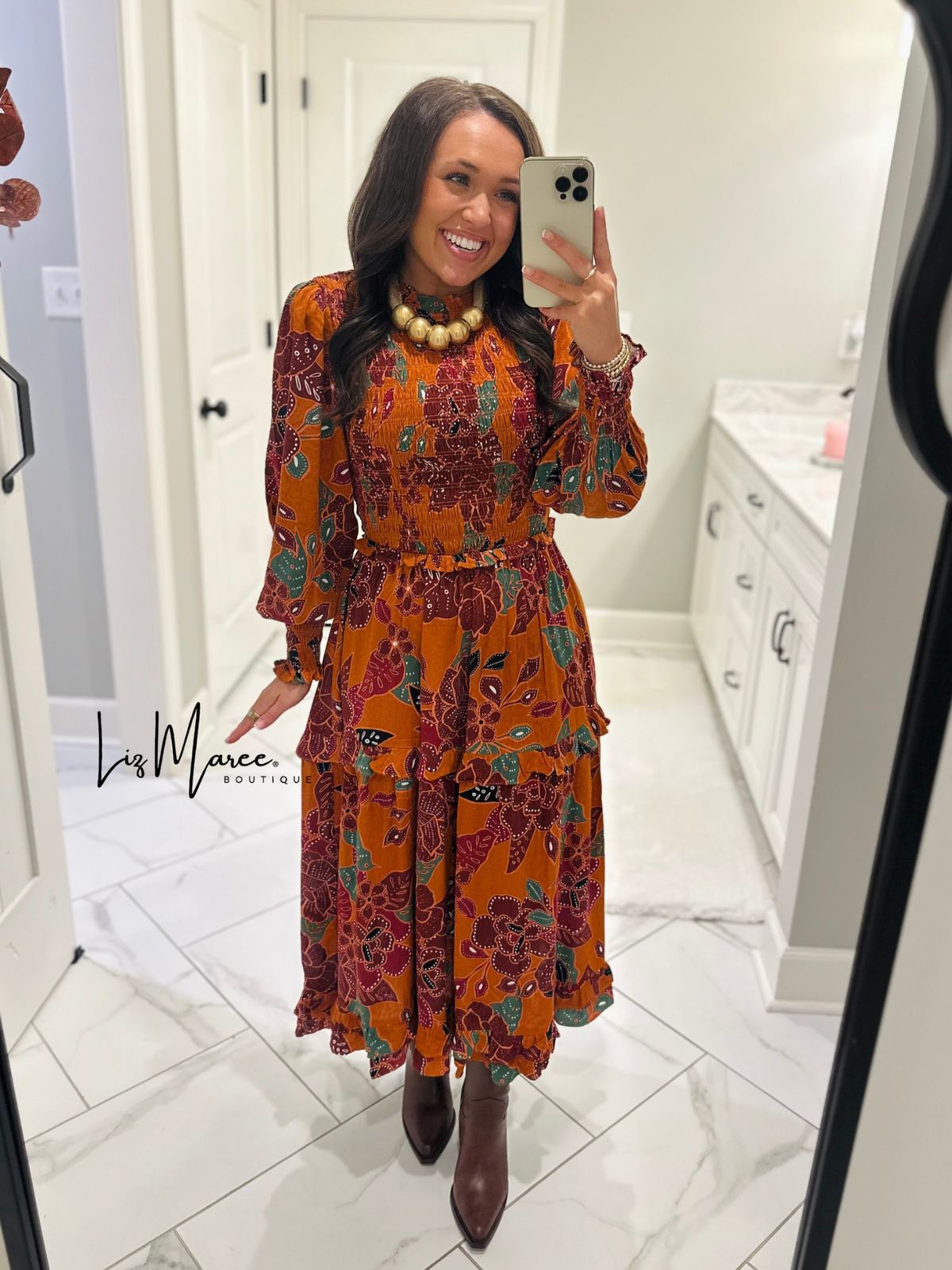 The Marven Rust Brown Floral Smocked Midi Dress