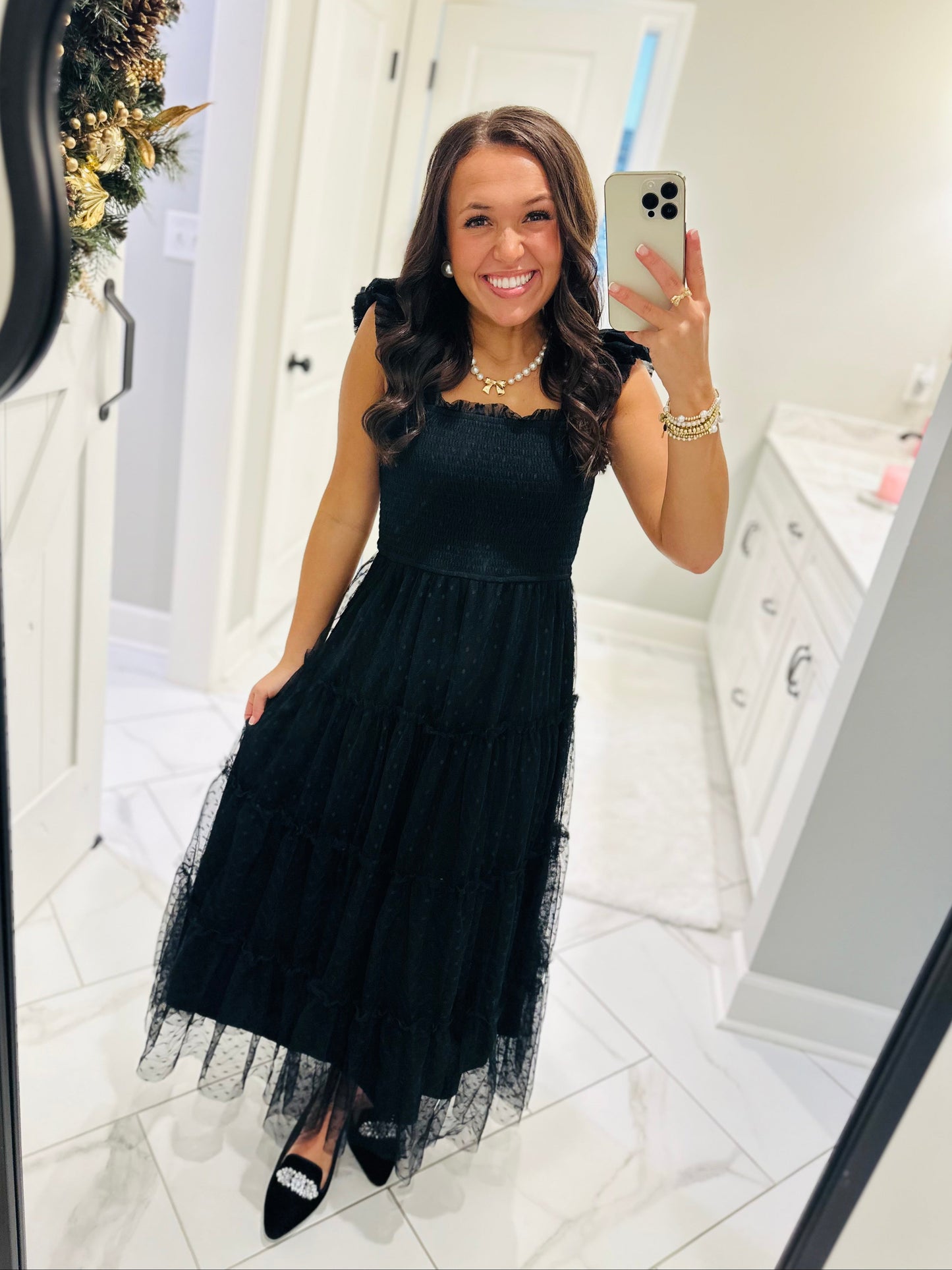 The Noelle Black Polka Dot Chiffon Smocked Midi Dress