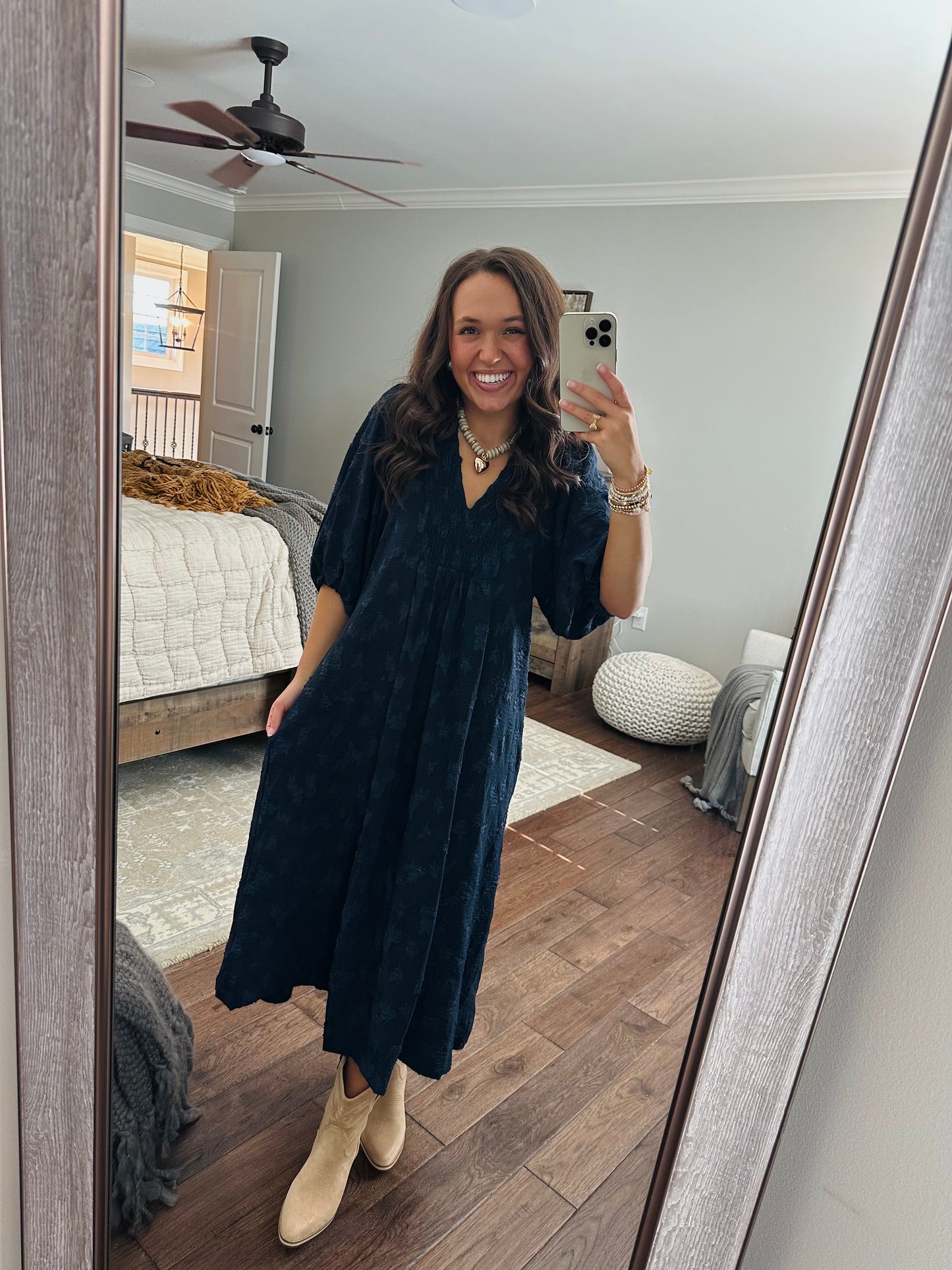 The Mina Navy Textured Midi Dress