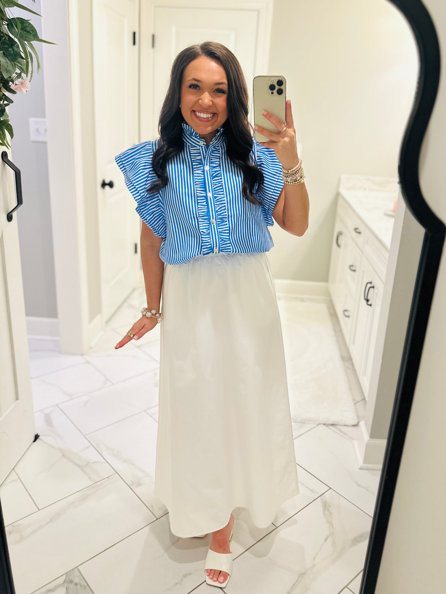 The Virginia Blue Striped Ruffle Top