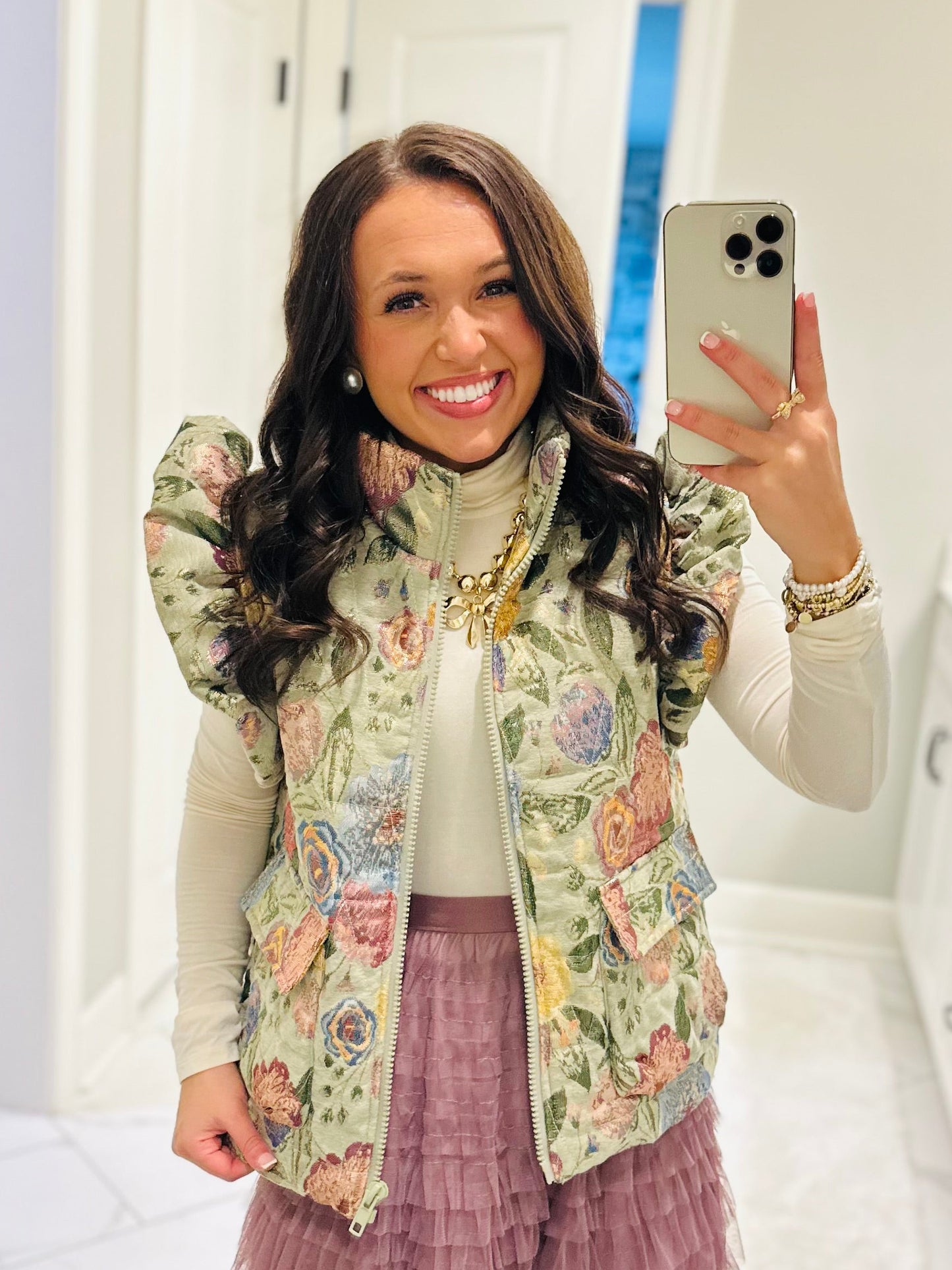 The Everlee Olive Green Floral Metallic Quilted Vest
