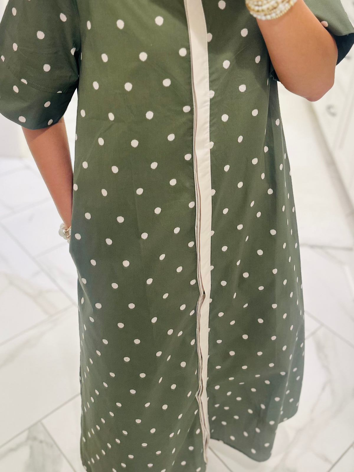 The Ruth Olive Green Polka Dot Midi Dress