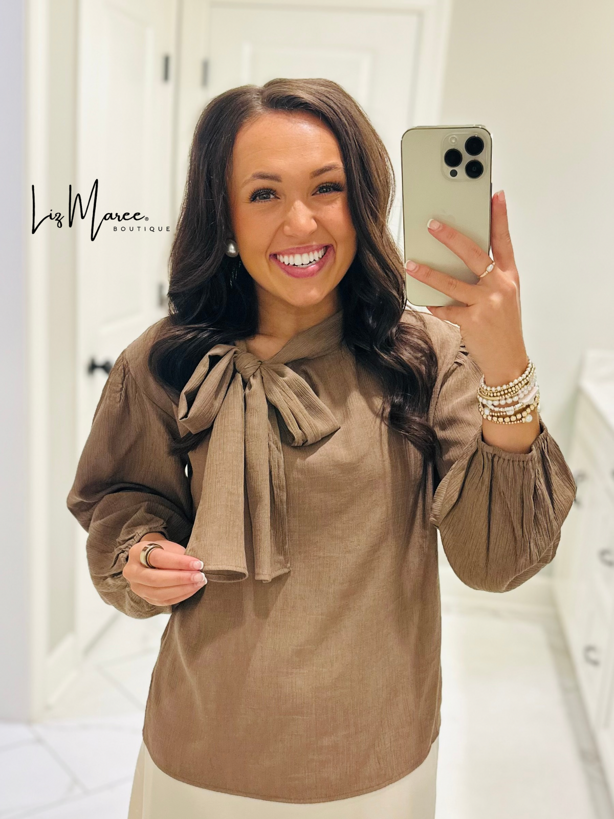 The Lorie Coco Brown Long Sleeve Bow Top