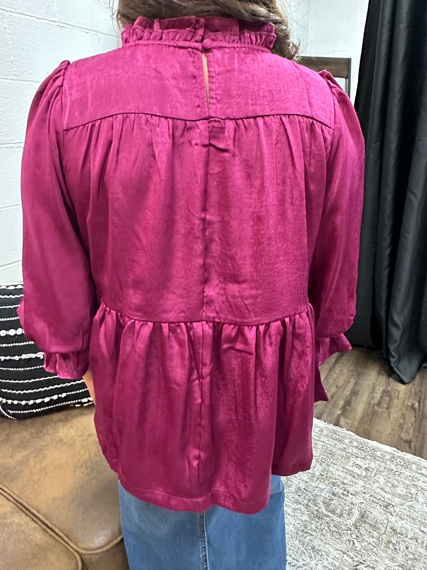 Plum Satin Ruffle Neck Top