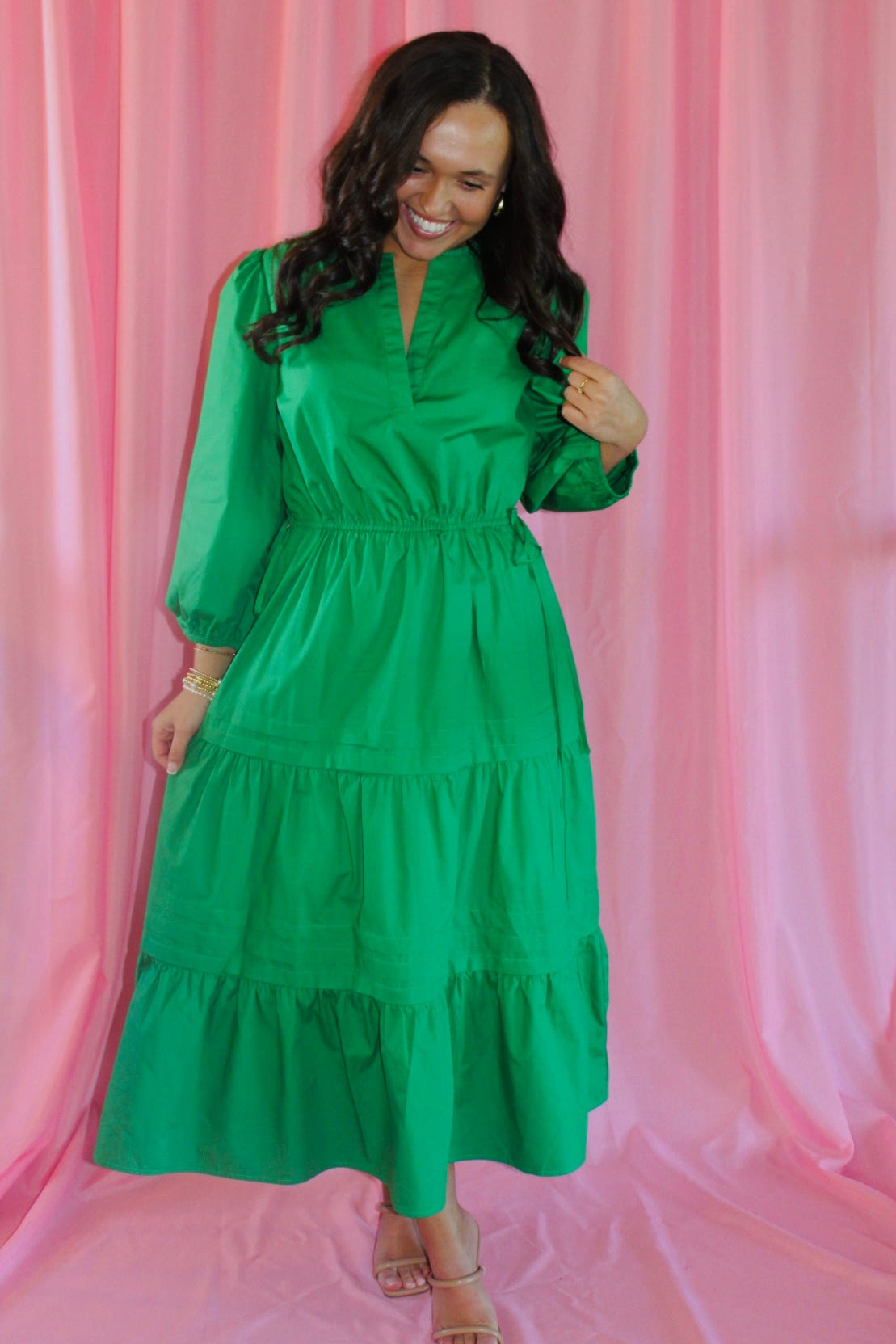 The Jayde Kelly Green Poplin Tiered Midi Dress