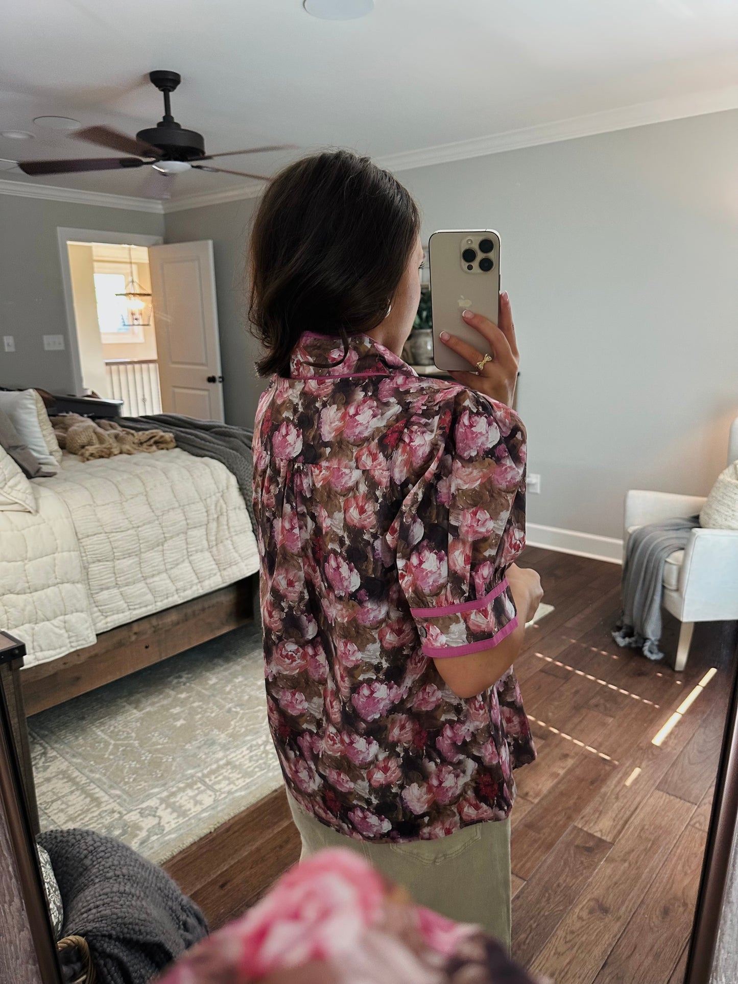 The Maggie Pink + Brown Floral Bow Top