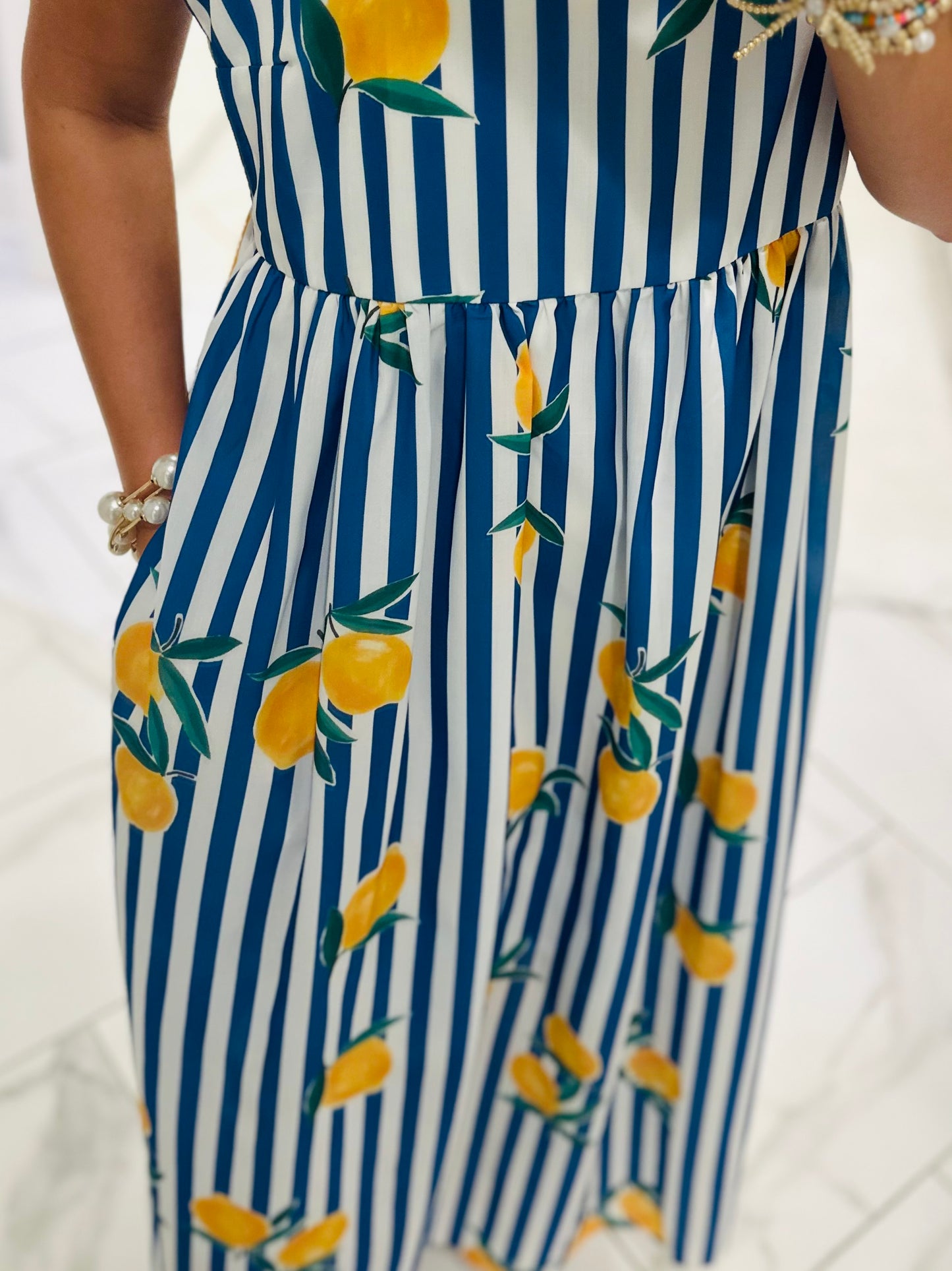 The Cass Blue Striped Lemon Midi Dress
