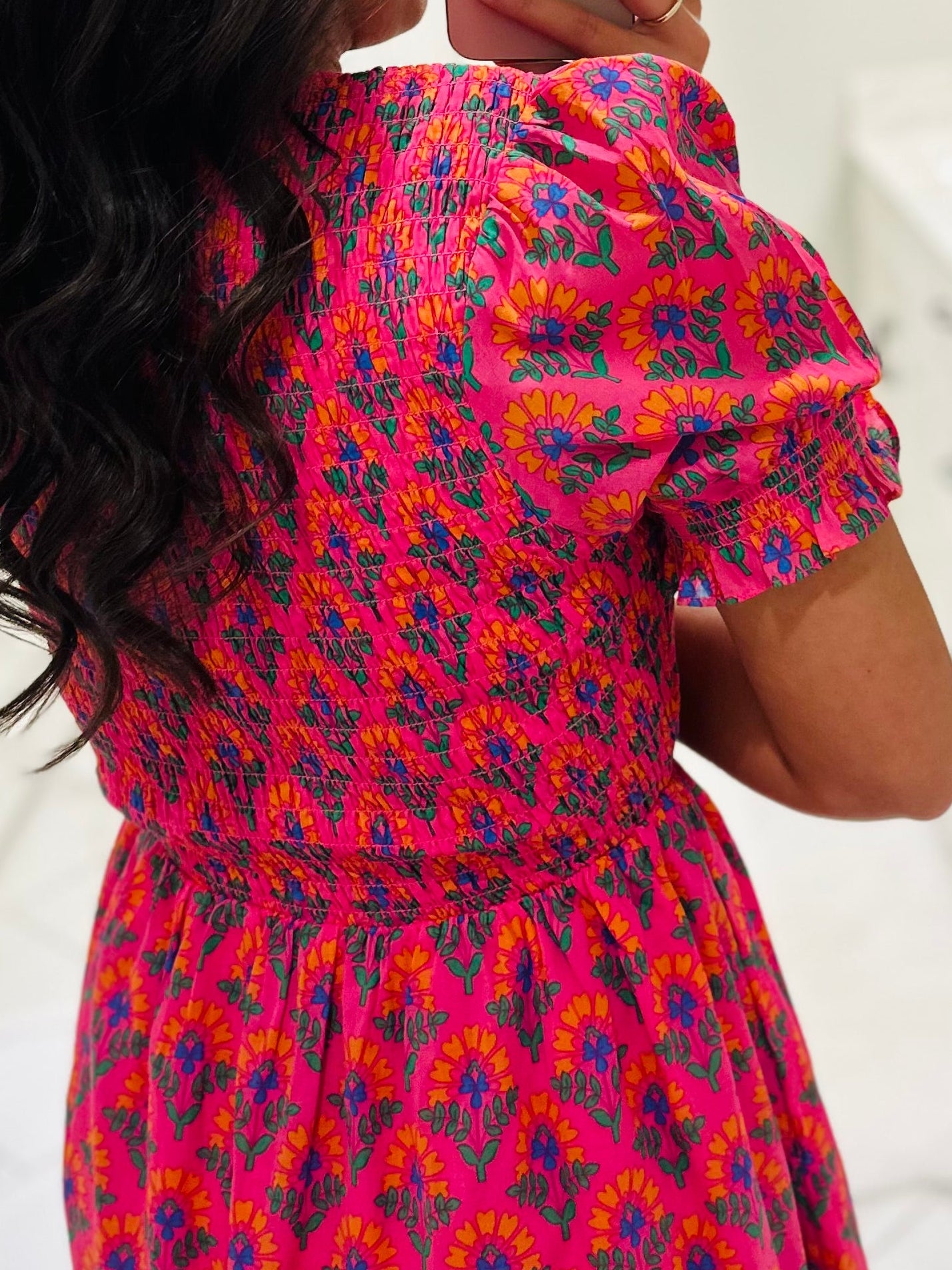The Tamry Pink Smocked Midi Dress