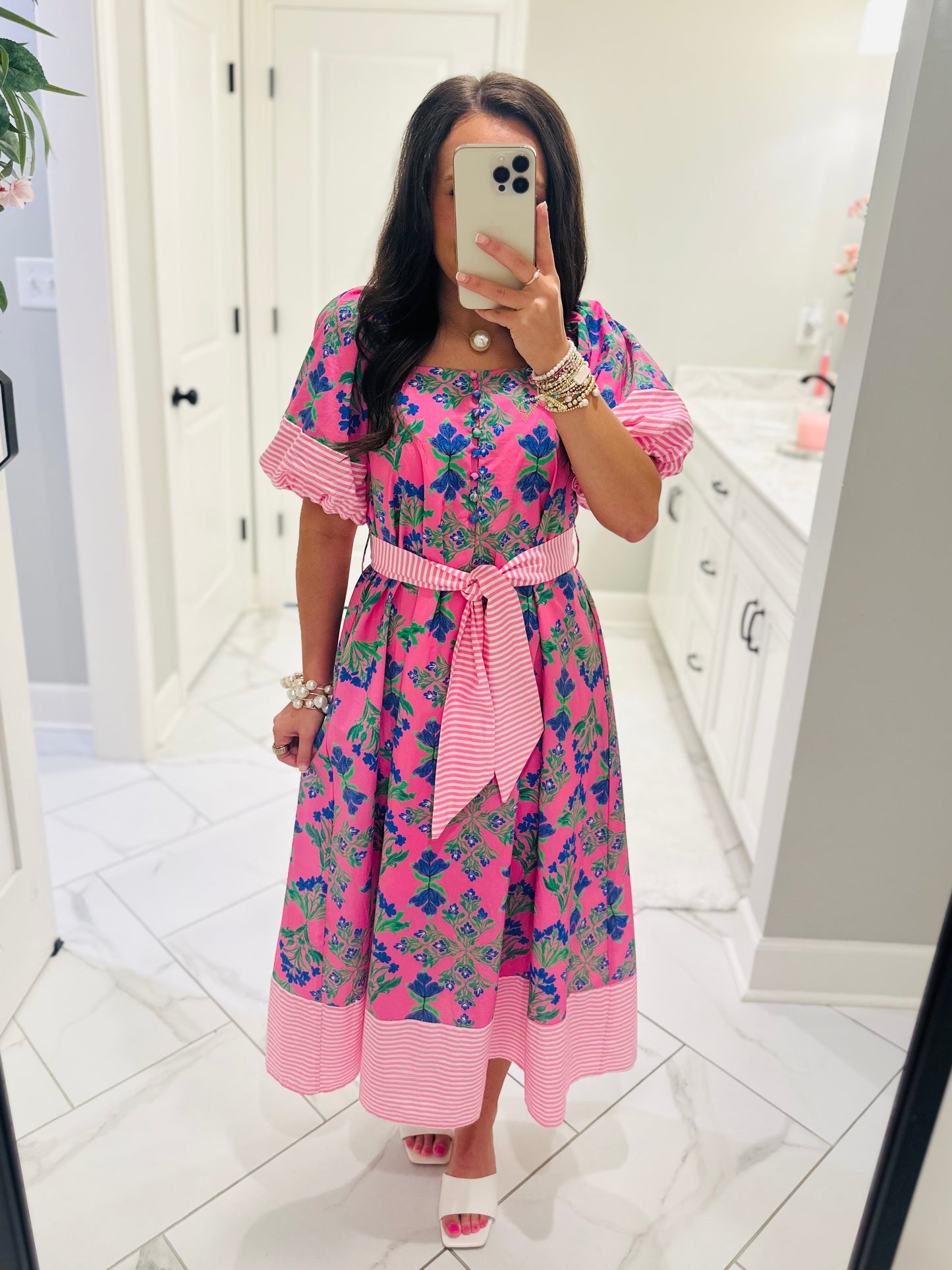 The Harlee Pink Botanical Midi Dress