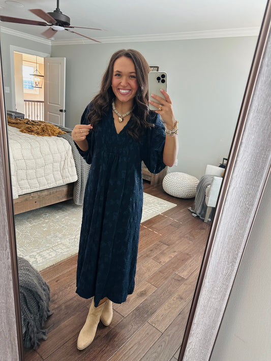 The Mina Navy Textured Midi Dress