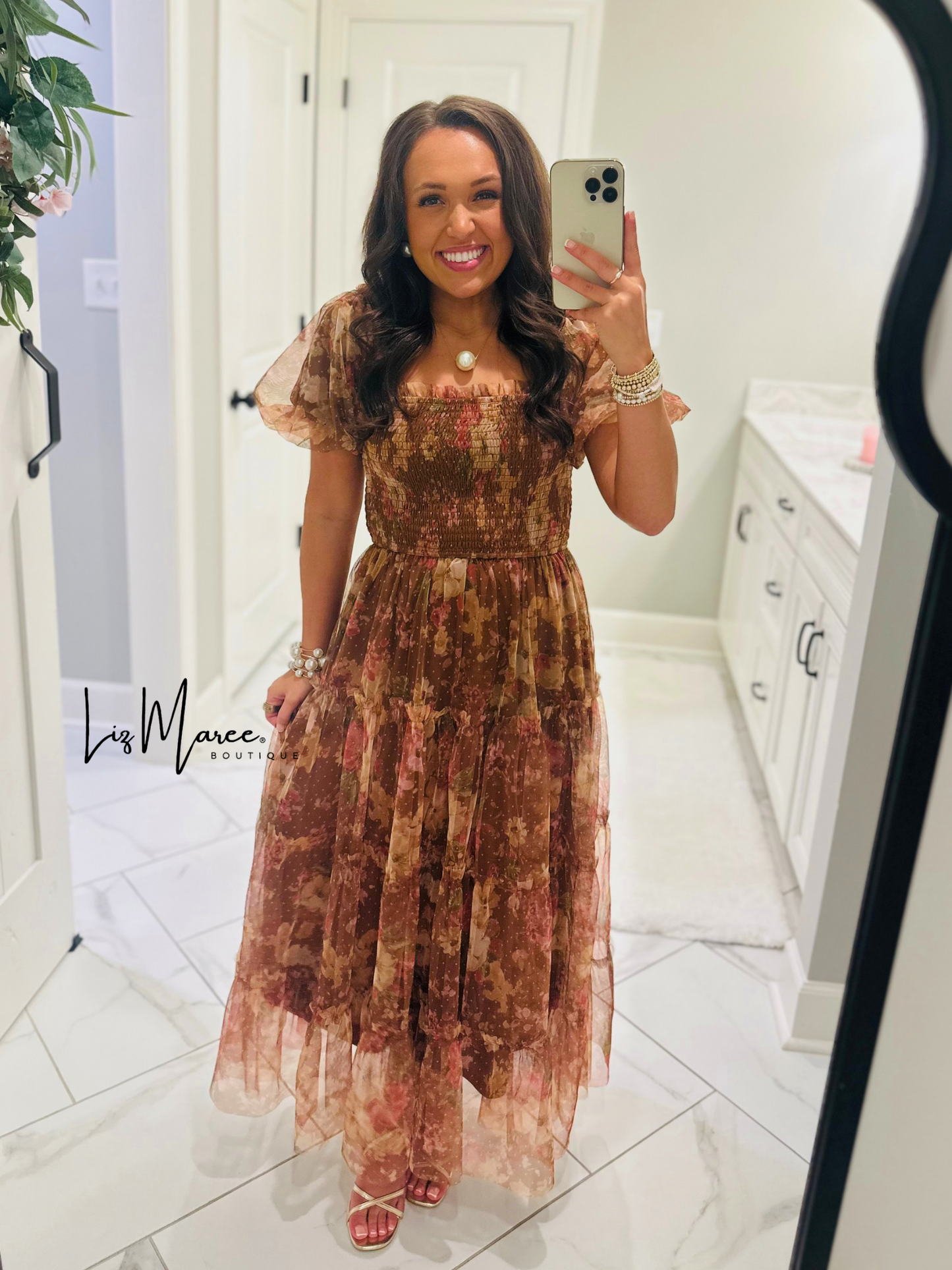 The Halston Light Brown Floral Polka Dot Midi Dress