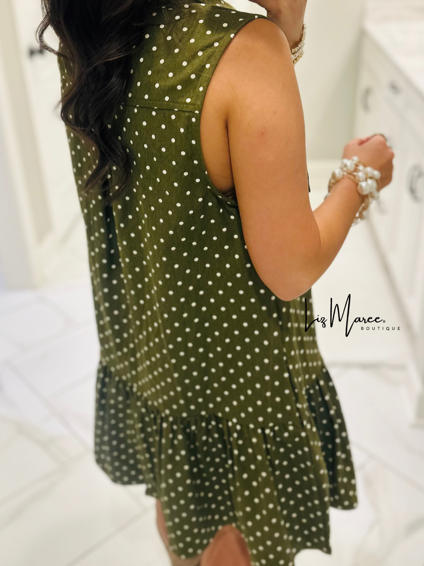 The Stella Olive Green Polka Dot Denim Dress