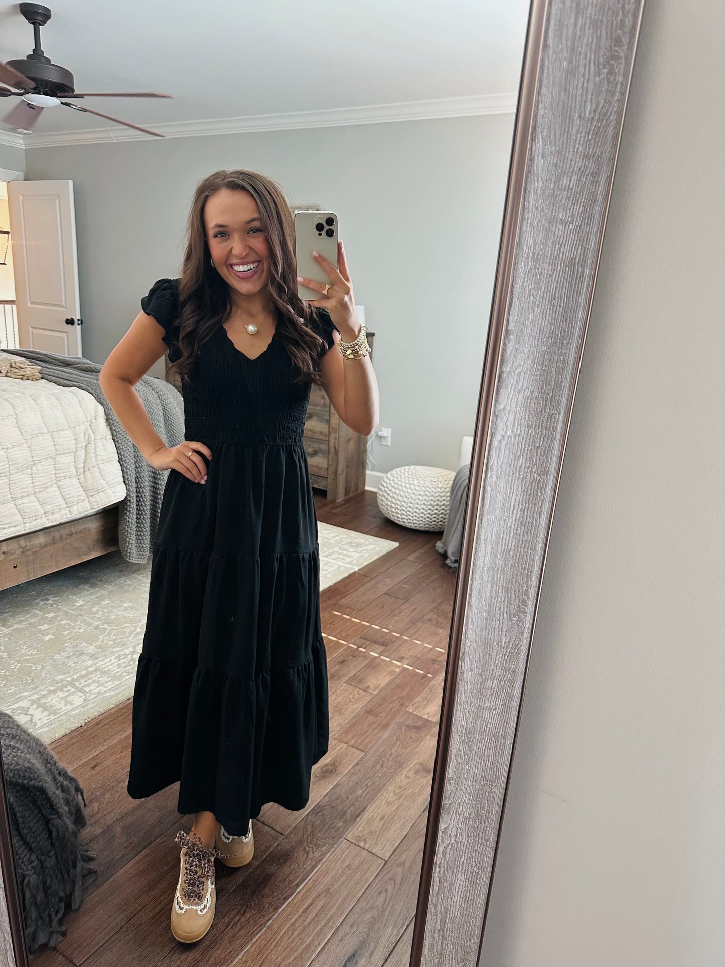 The Maple Black Flutter Sleeve Smocked Midi Dress