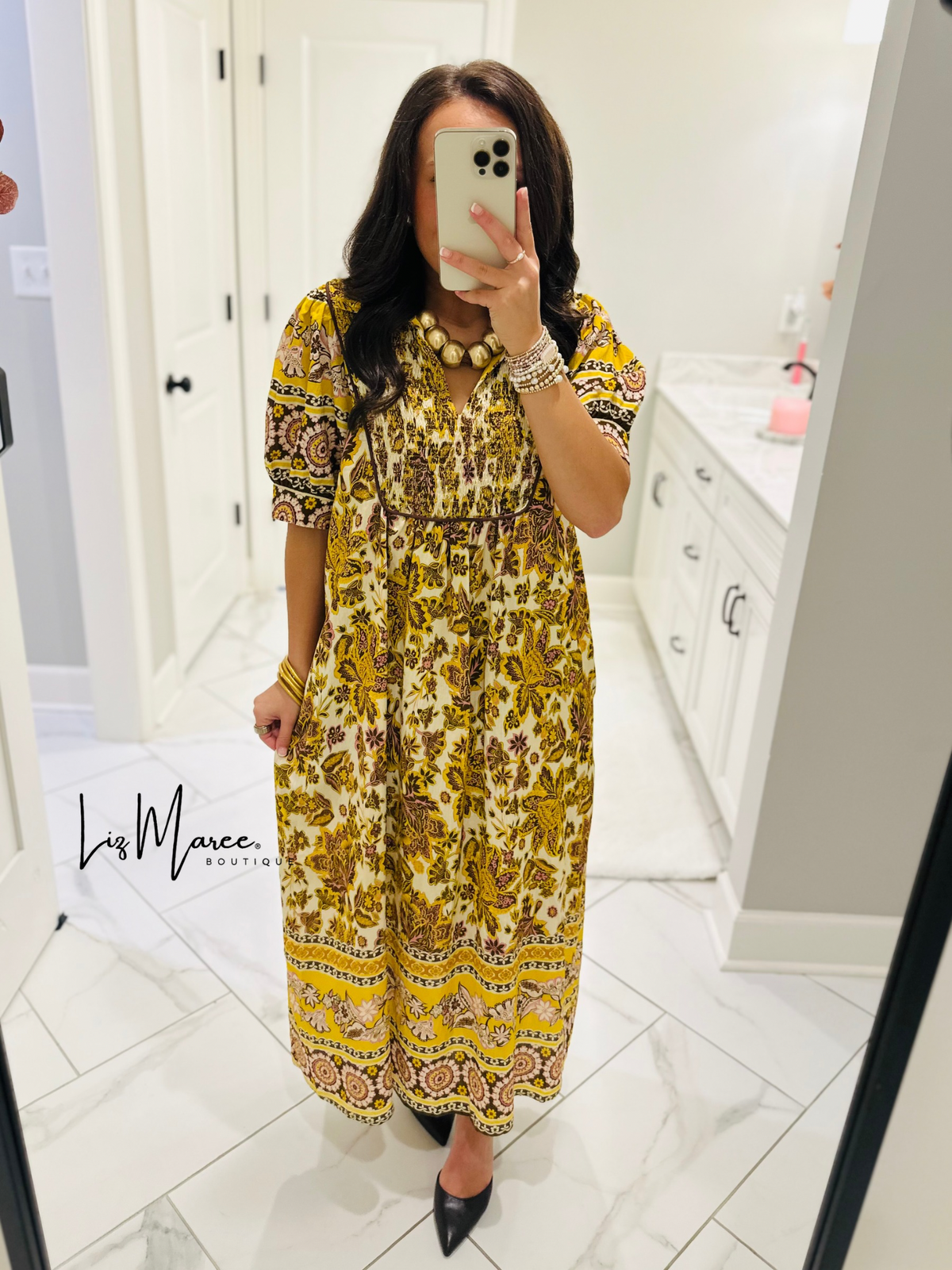 The Phoebe Golden Yellow Floral Midi Dress