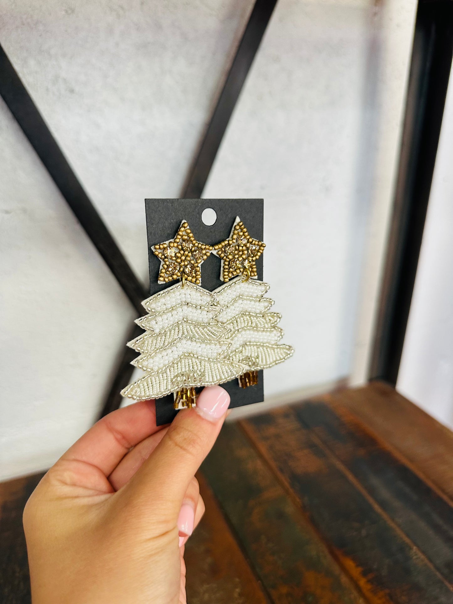 Brown + White Christmas Tree Beaded Earring