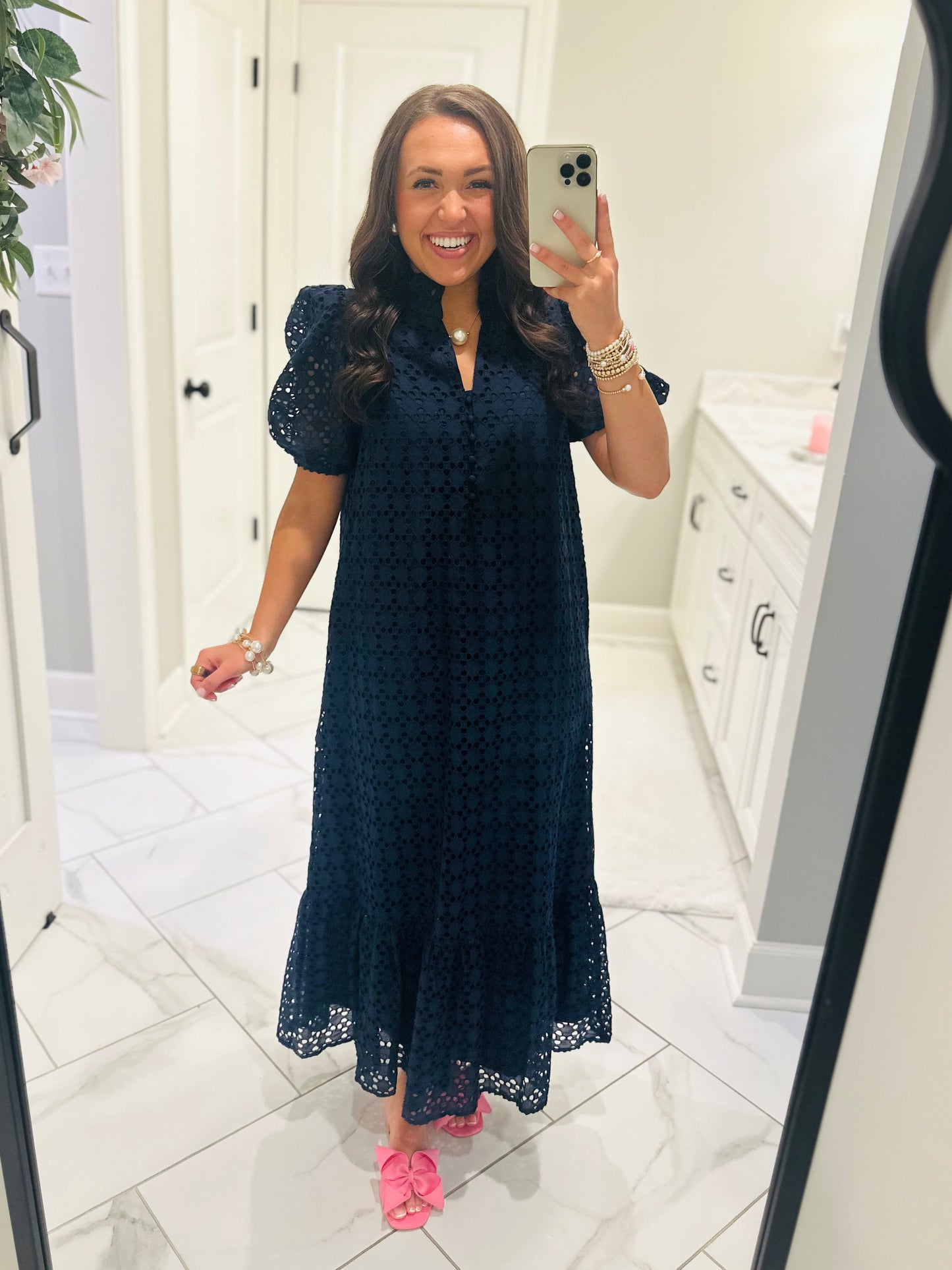 The Liz Navy Eyelet Midi Dress