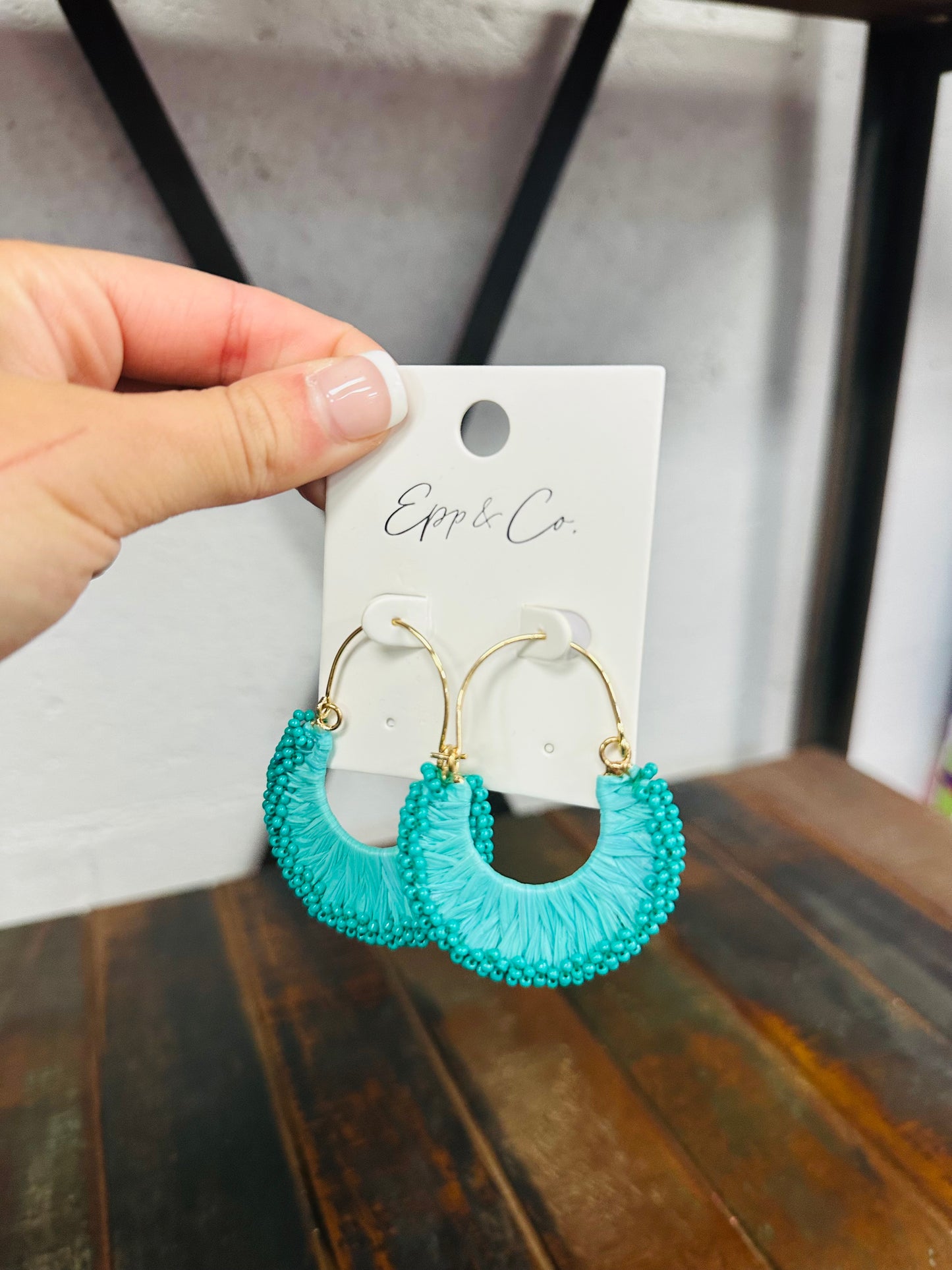 Teal Raffia & Bead Drop Earring