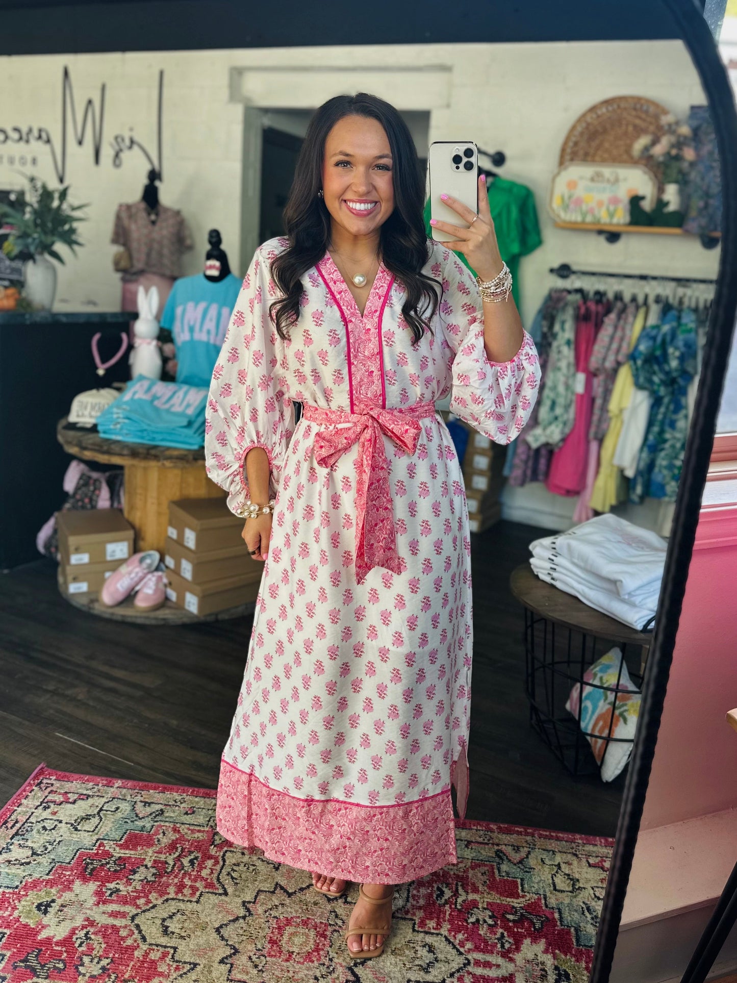 The Evie White + Pink Floral Midi Dress