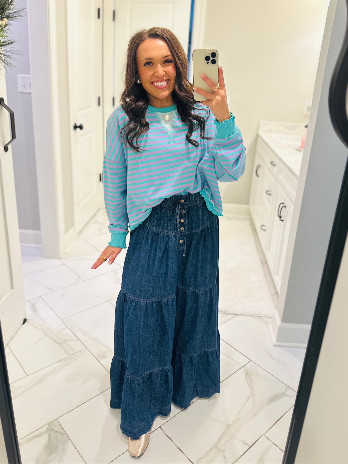The Mamie Front Button Down Long Denim Skirt