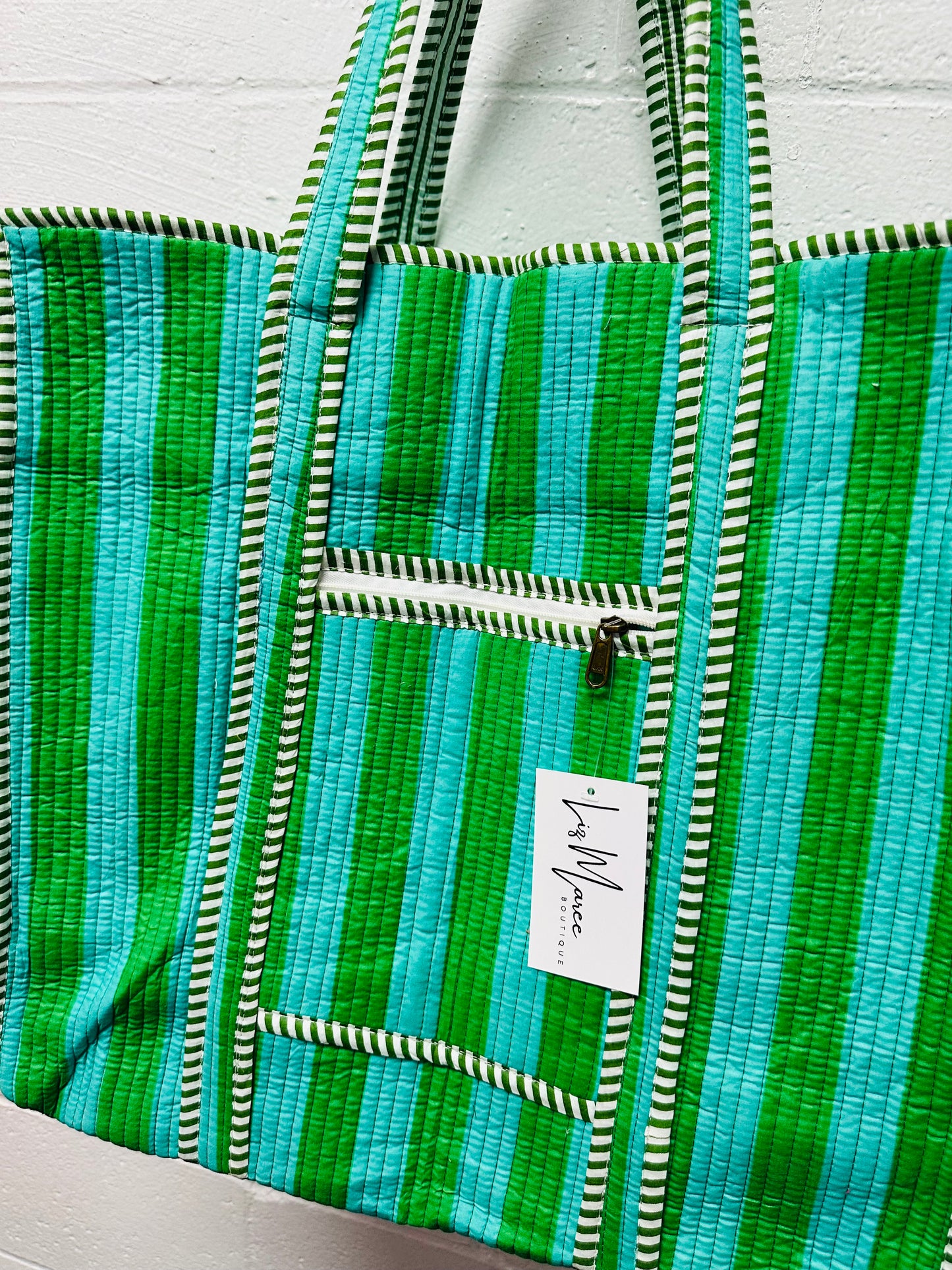 The Teal + Green Striped Quilted Tote Bag
