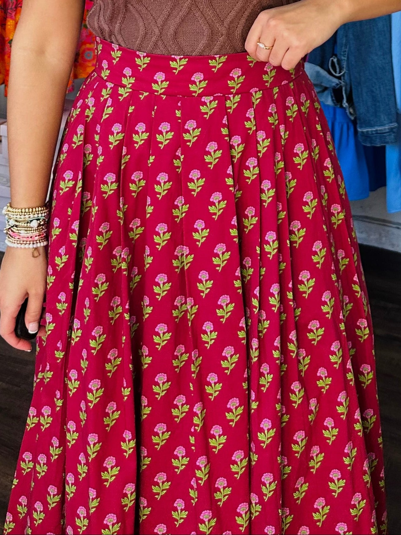 The Austin Burgundy Floral Midi Skirt