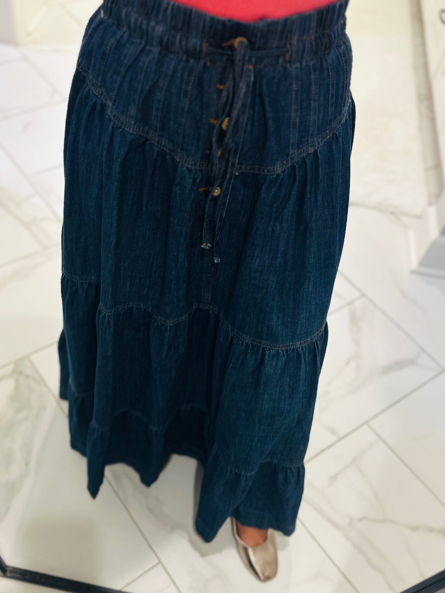 The Mamie Front Button Down Long Denim Skirt