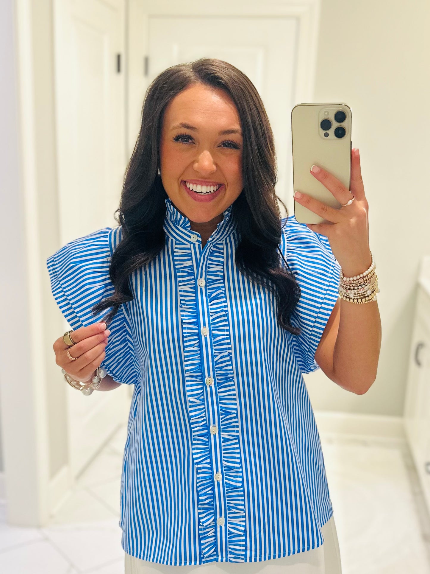 The Virginia Blue Striped Ruffle Top