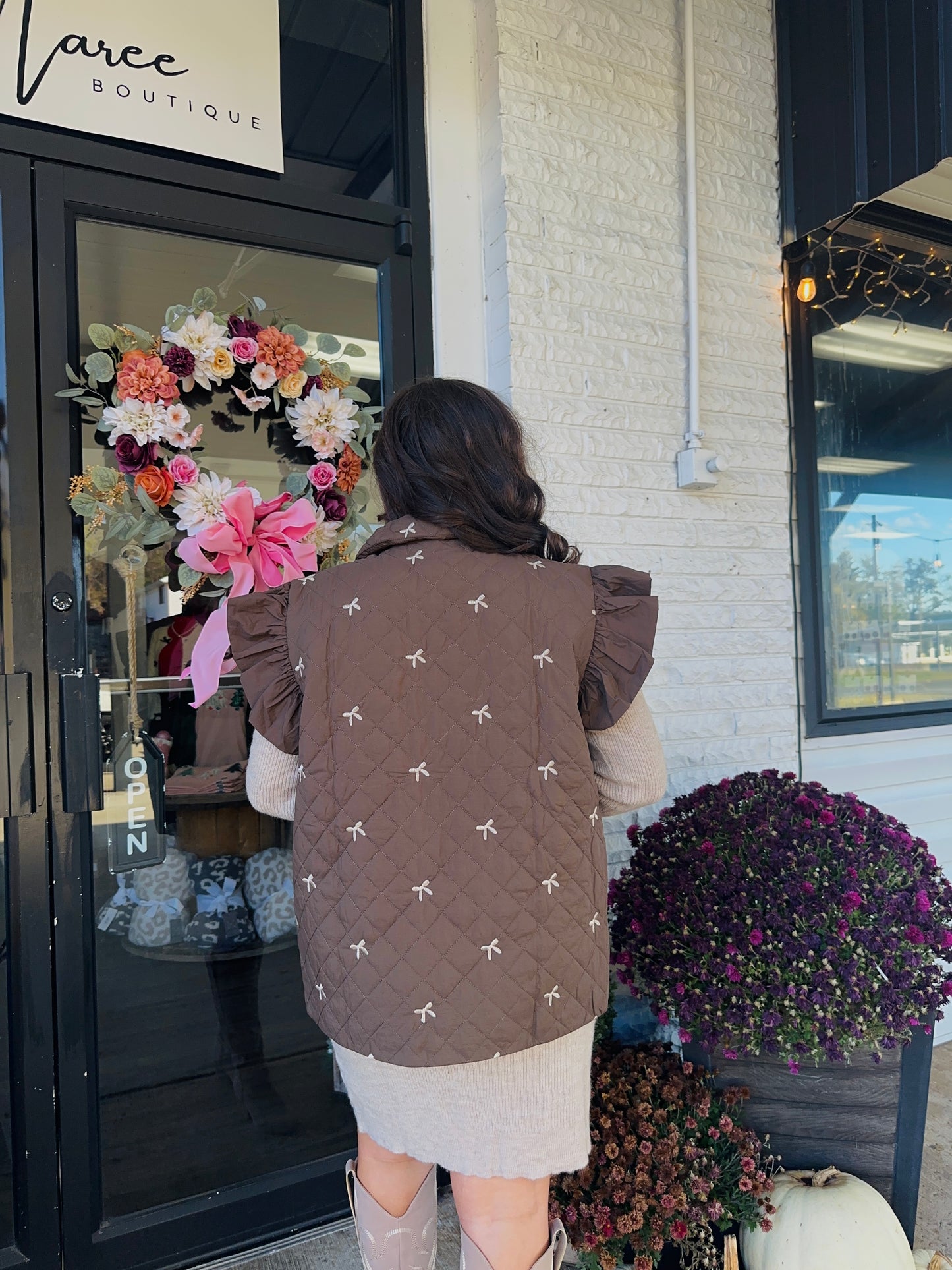 Brown Bow Embriodered Quilted Vest