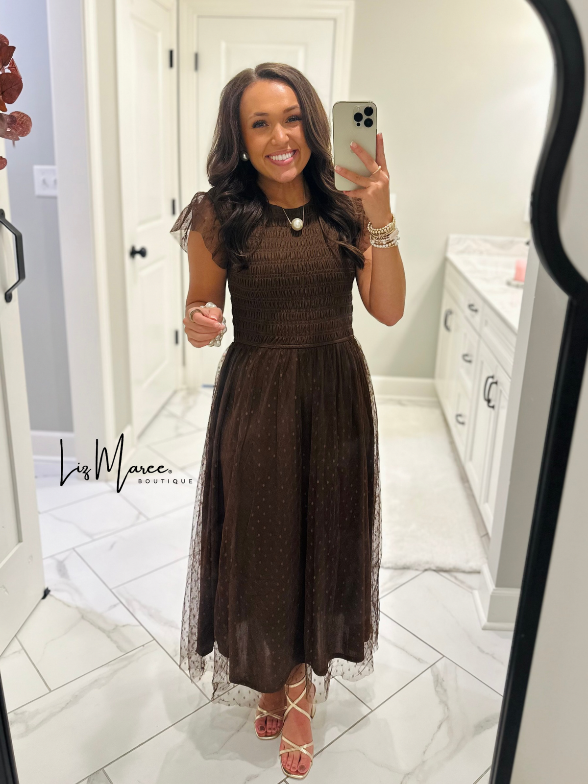 The Autumn Brown Polka Dot Chiffon Midi Dress