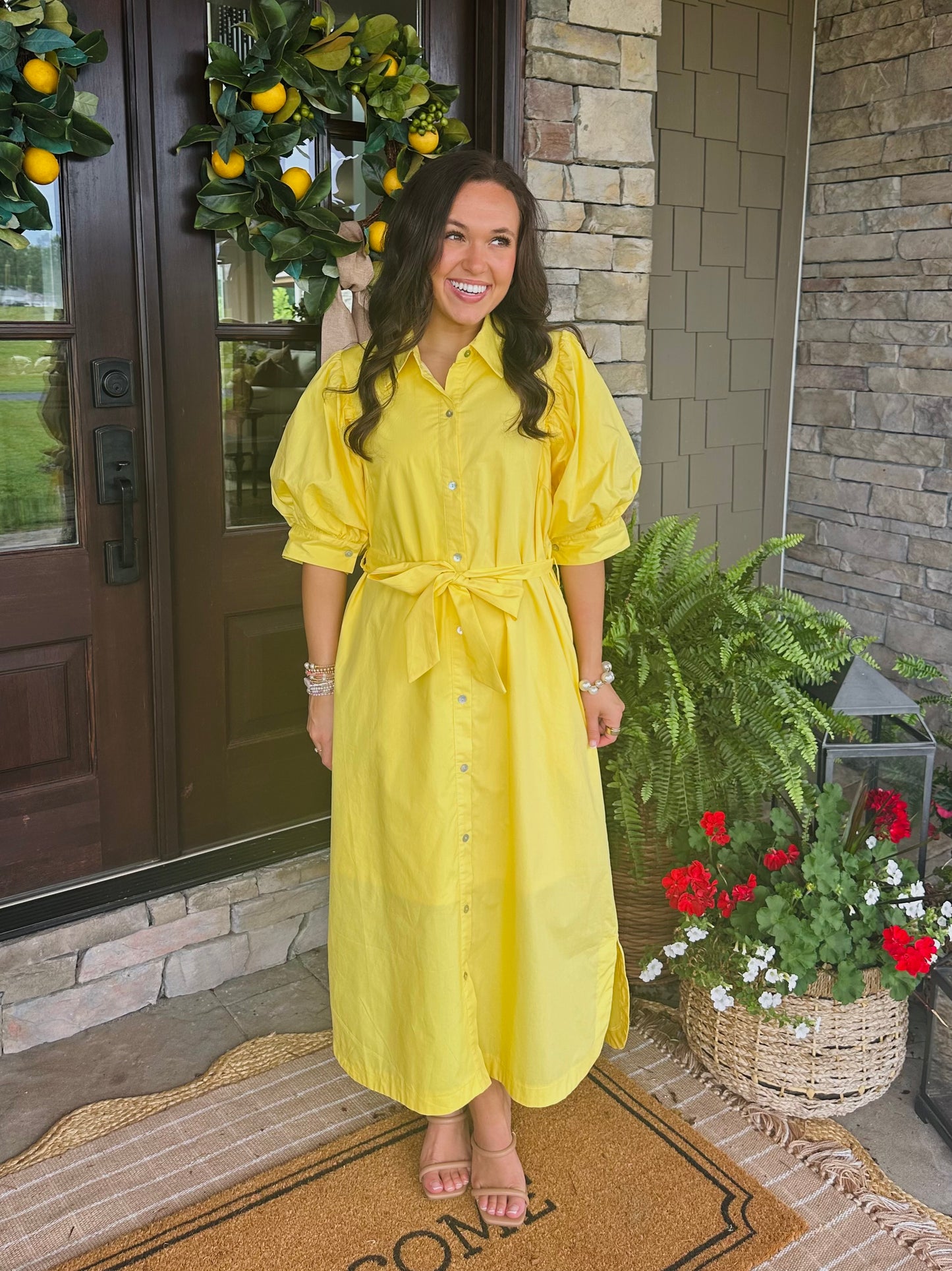 The Caroline Yellow Button Front Midi Dress