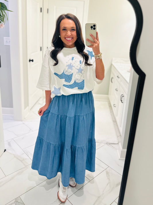 The Light Wash Denim Chambray Tiered Maxi Skirt