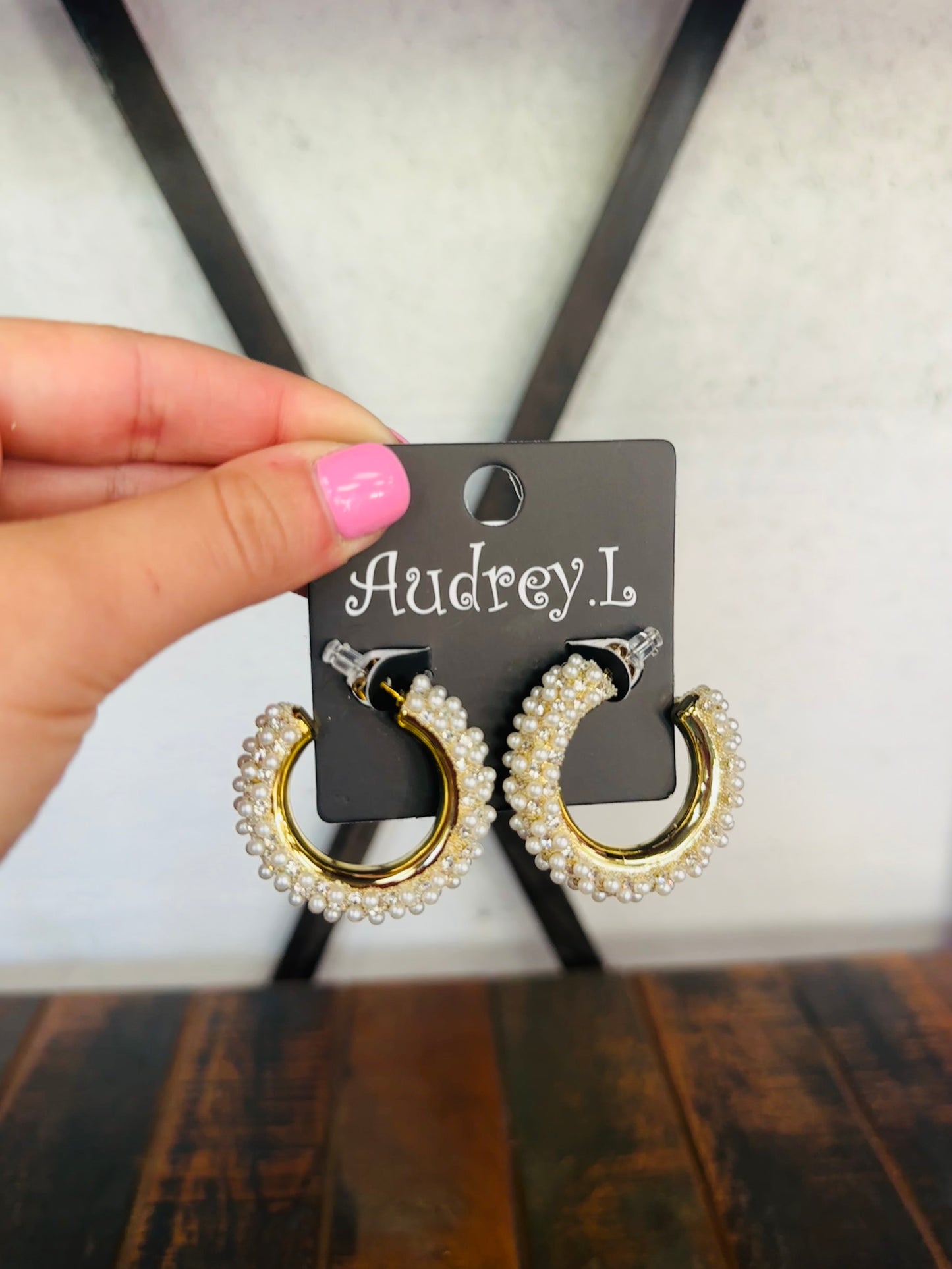 Gold + Cream Pearl Rhinestone Hoop Earring