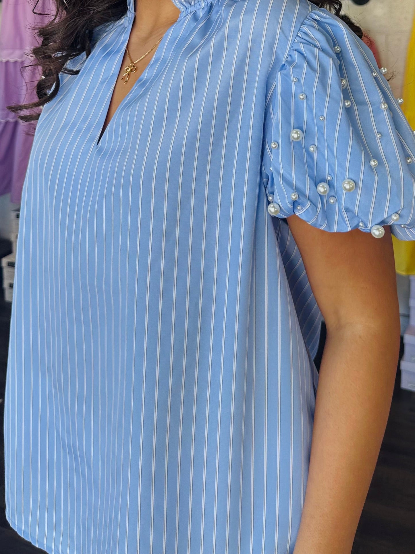 The Brynn Blue Pearl Puff Sleeve Top