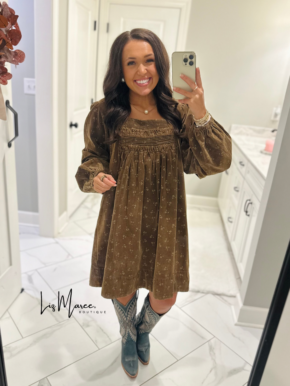 The Cassie Dark Camel Floral Corduroy Dress
