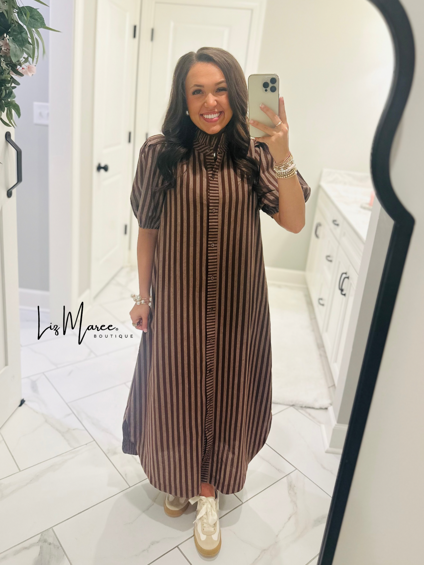 The Quinn Brown Striped Midi Dress