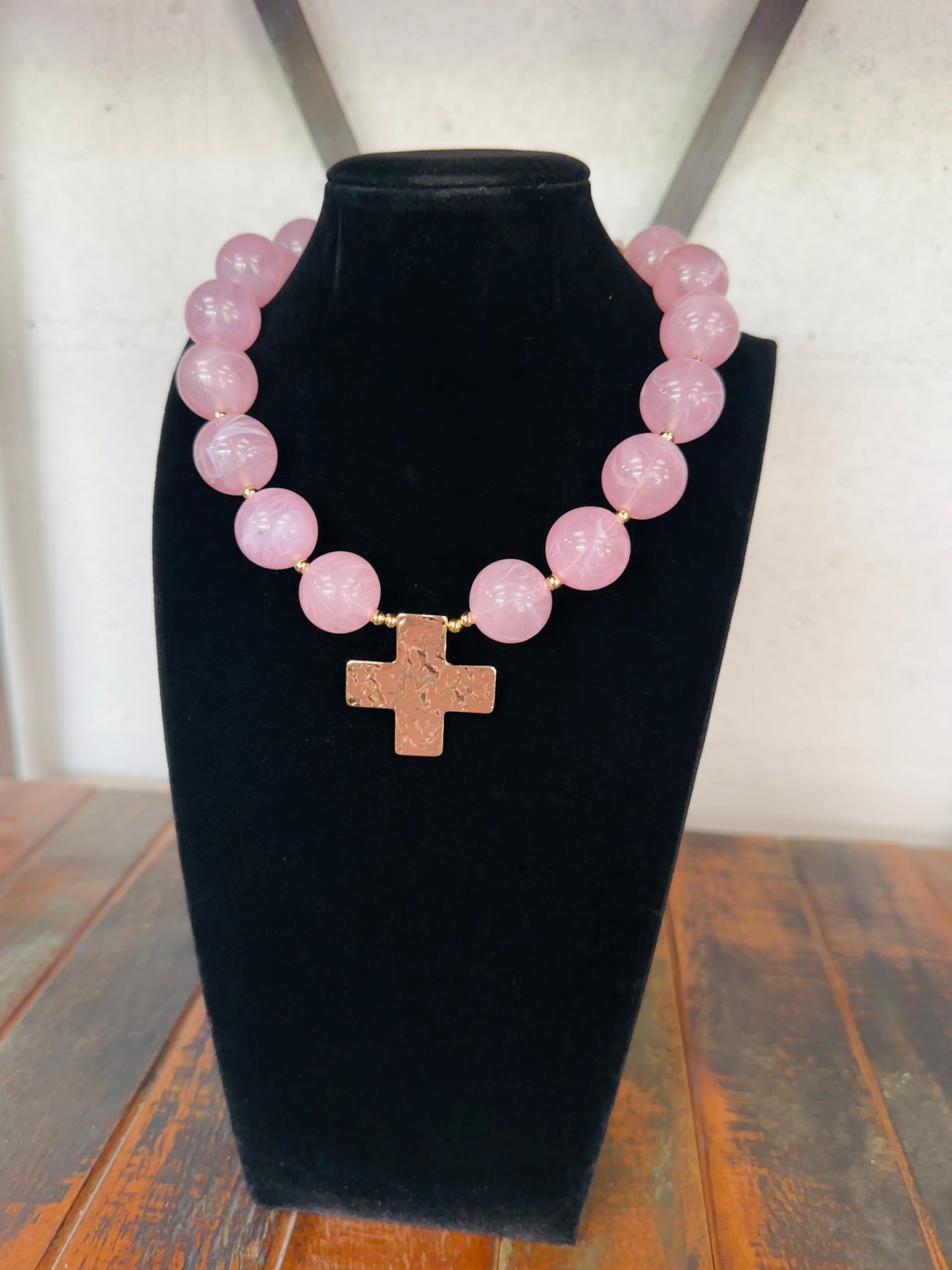 Pink + Gold Cross Pendant Marble Ball Necklace