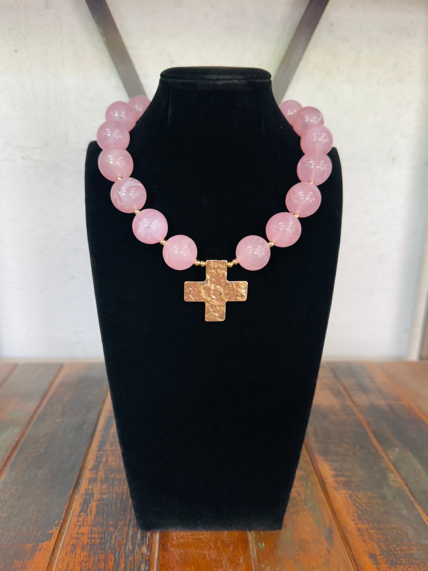 Pink + Gold Cross Pendant Marble Ball Necklace